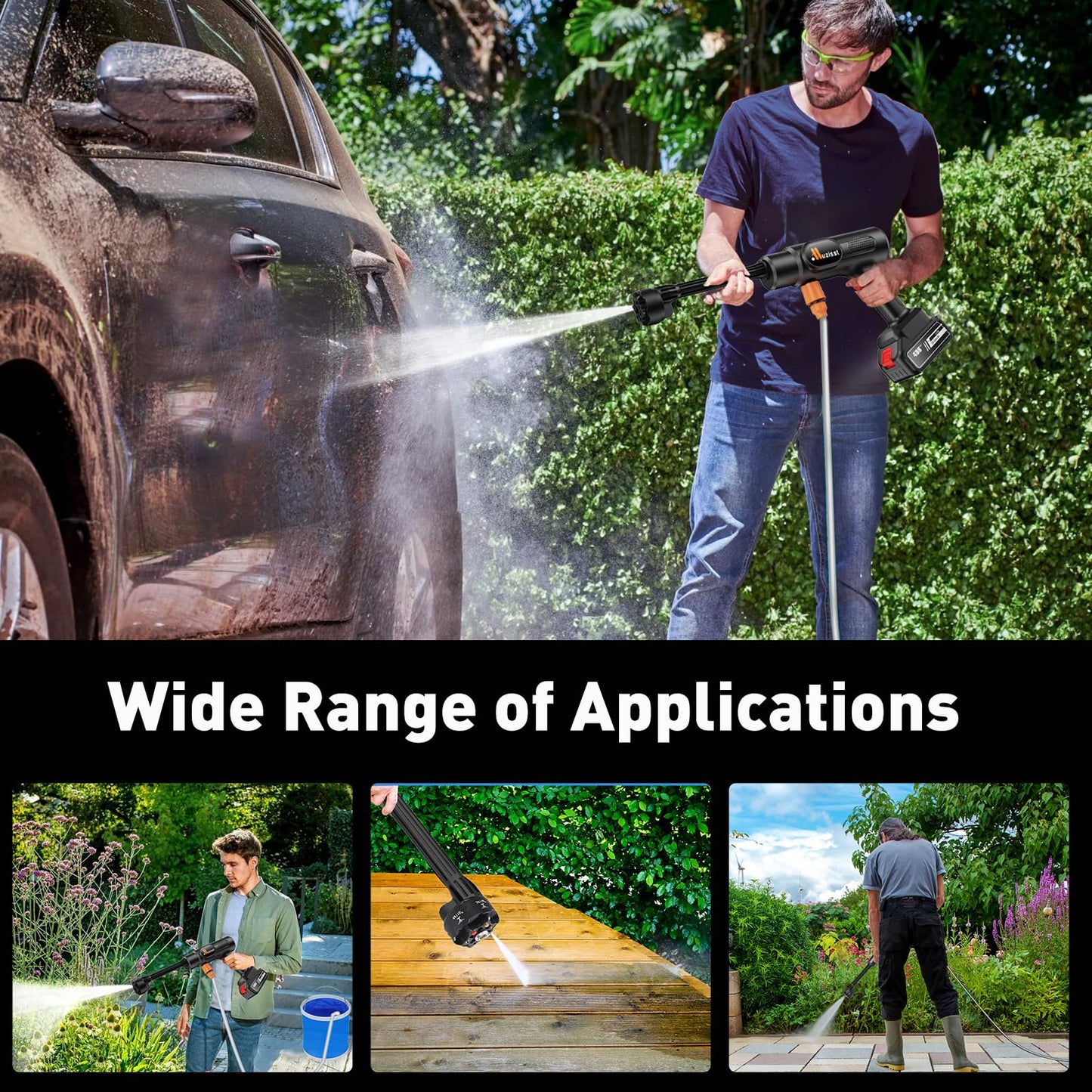 Muzisst Cordless Pressure Washer, 900PSI Portable Power Washer, hidrolavadora portatil, 3.0Ah Battery Powered Pressure Washer with 6-in-1 Nozzle, Handheld Pressure Car Washer for Car/Yard/Garden