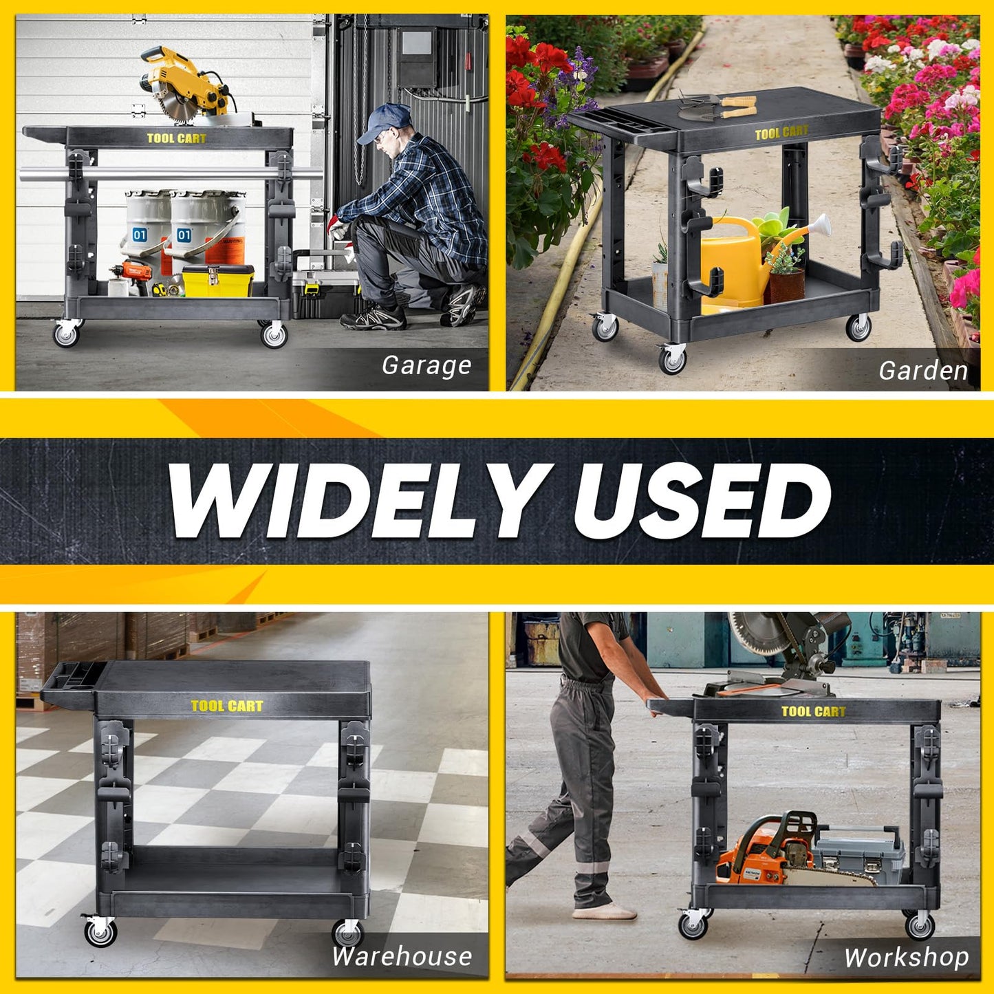 850LBS Large Heavy Duty Plastic Utility Cart, 42.5×25" Flat Top Service Cart With Full Swivel Wheels (2 With Brakes) & 2 Side Tube Holder Hook,2 Tier Work Cart For Office/Garden/Warehouse/Garage Black