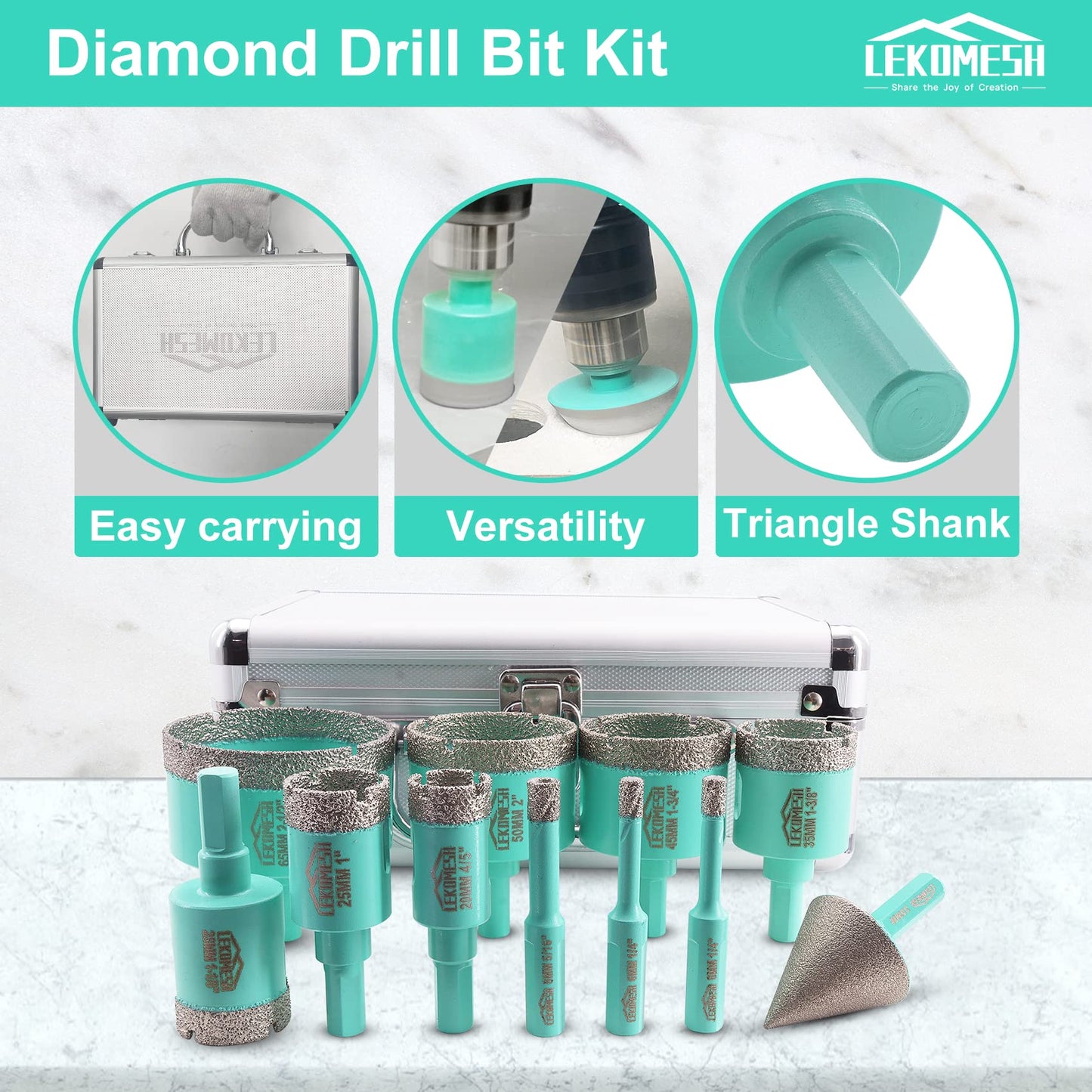 LEKOMESH Diamond Core Drill Bits Set 11pcs Tile Hole Saw Kit Triangle Shank(6/6/8/20/25/28/35/45/50/65mm/35mm Diamond Chamfer bits)