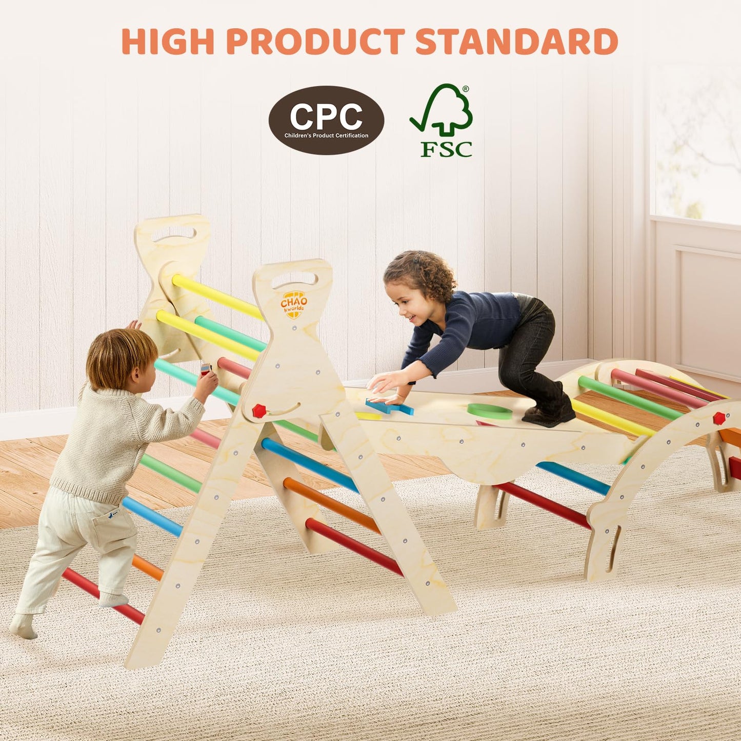 CHAO KWORLDS Pikler Triangle Set Foldable, Montessori Climbing Toys for Toddlers 1-3, Wooden Indoor Jungle Gym, 8-in-1 Toddler Climber with Slide & Arch, Space Saving Indoor Playground