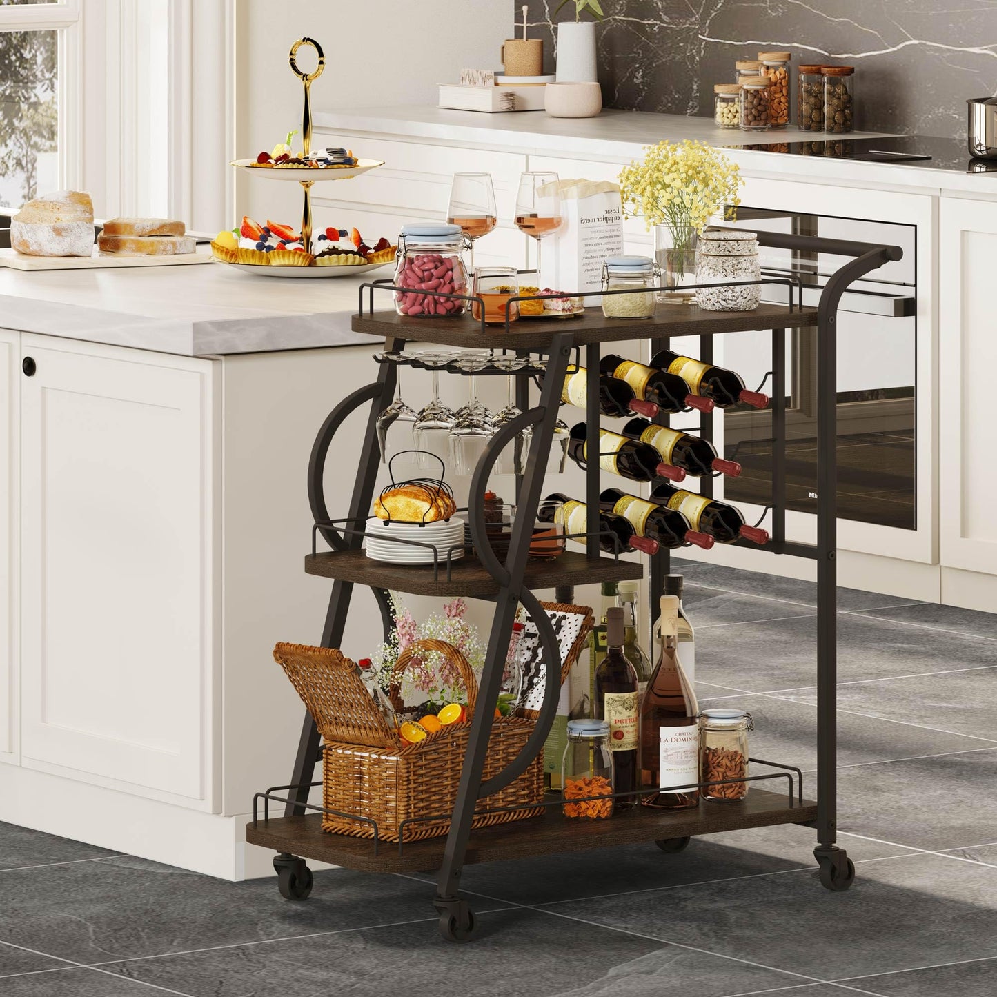 Aubtik Rustic Bar Cart, 3 Tier Rolling Bar Carts for The Home, Industrial Home Serving Cart with Wine Glass Holder, Wood Metal Liquor Trolley, Mobile Beverage and Drink Carts (Walnut Brown)