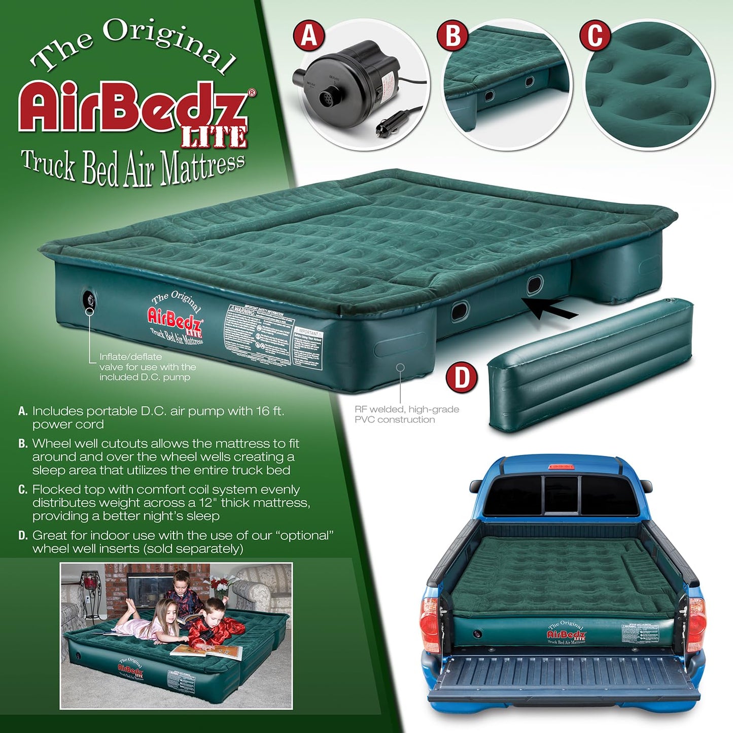Pittman Outdoors AirBedz Lite PPI PV202C Full Size, Short 6'-6.5' Truck Bed Air Mattress with DC Corded Pump (76"x63"x12" Inflated),Green,Full Size Beds