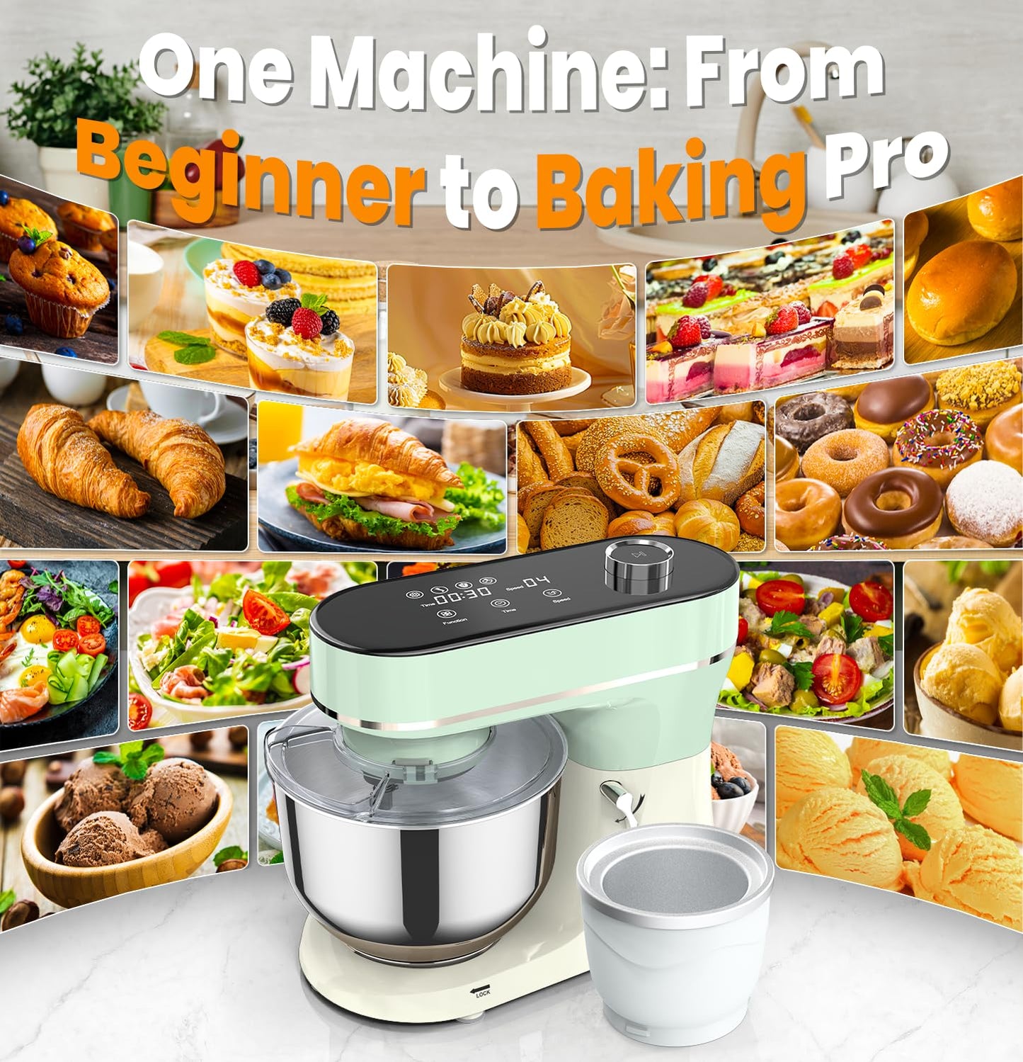 Bonnor Stand Mixer Set, 6QT Kitchen Mixer with LED Touchscreen, 11-Speed Tilt-Head Mixer with Timer, 4 Preset Menus, Stainless Steel Bowl, Dough Hook, Whisk, Beater,Plus 2QT Ice Cream Maker Attachment