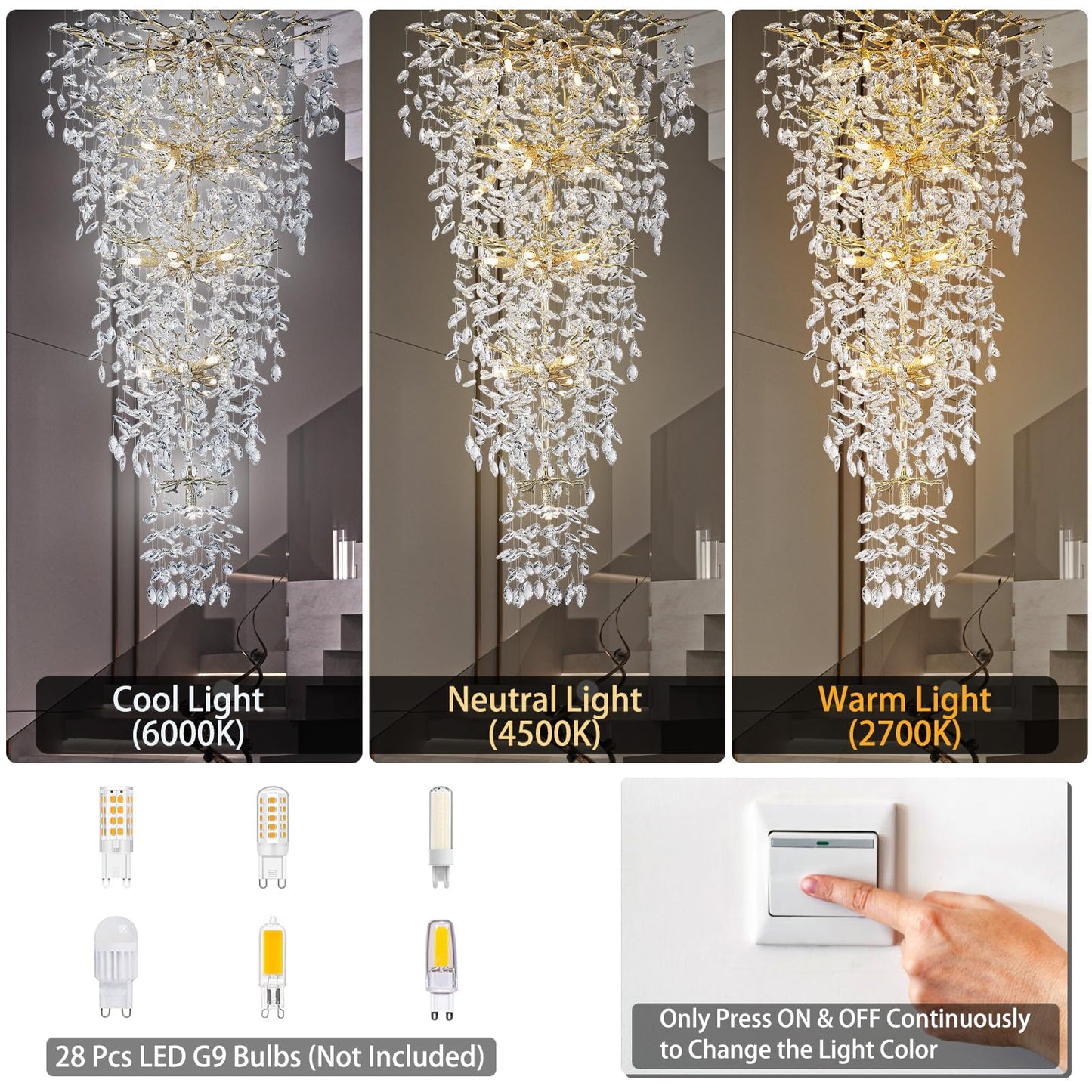 118'' Long Crystal Chandelier for High Ceiling, 28-Light Modern Gold Tree Branch Chandelier, Large Chandeliers for Foyer Entryway Staircase Living Room, 5-Tier Luxury K9 Crystal Raindrop Light Fixture