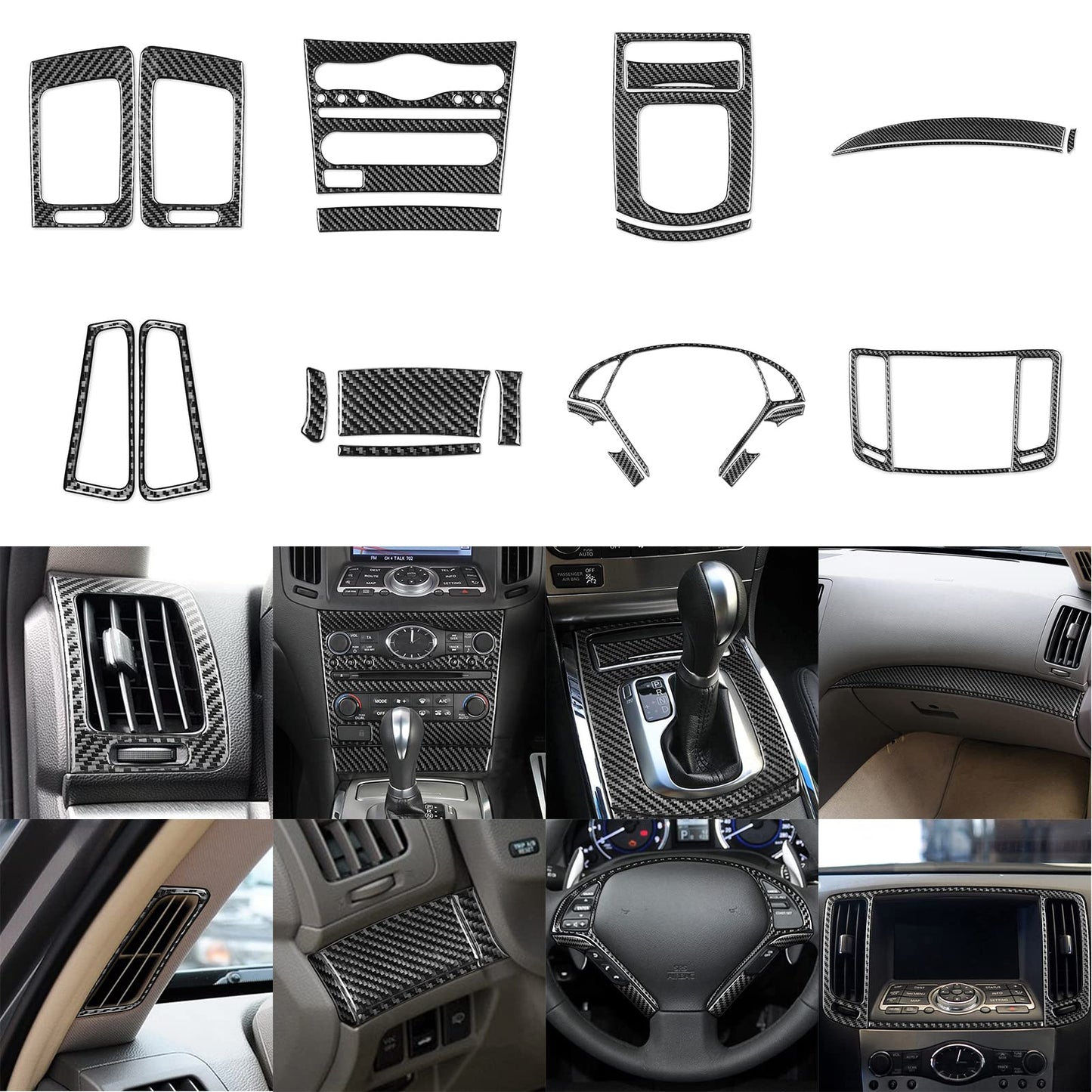 NVCNX Real Carbon Fiber for Infiniti G37 2011 2012 2013 Coupe Sedan Convertible Interior Trim Kit Accessories Cover Decal Set Air Vent Gear Shift Panel Center Console Black/Red 23PCs