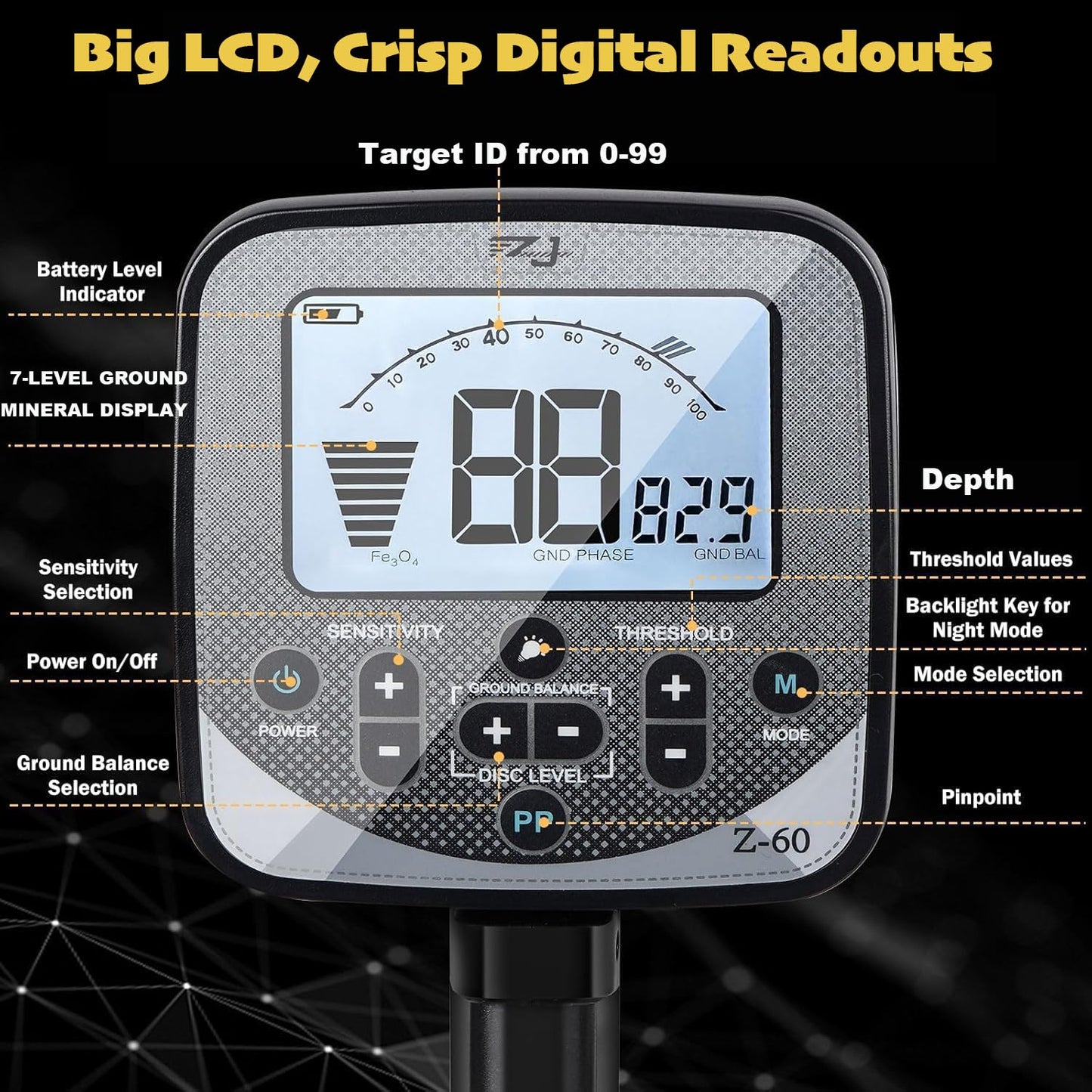 PRO-Z60 Metal Detector for Adults with Pin Pointer,16" Detection Depth Professional Metal Detector Kit High Frequency 19.23kHz Gold Detector with Ground Balance,Double-D Waterproof Coil for Beach