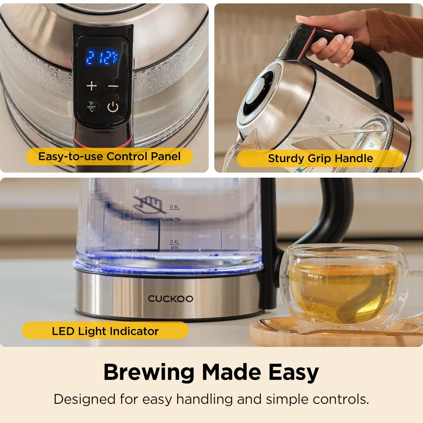 CUCKOO Electric Tea Kettle with Infuser, Glass Electric Kettle with Multi-Temperature Control, Easy to Read LED Lights, 1.7 Liter Capacity Tea Maker Pot (CK-G170BS)