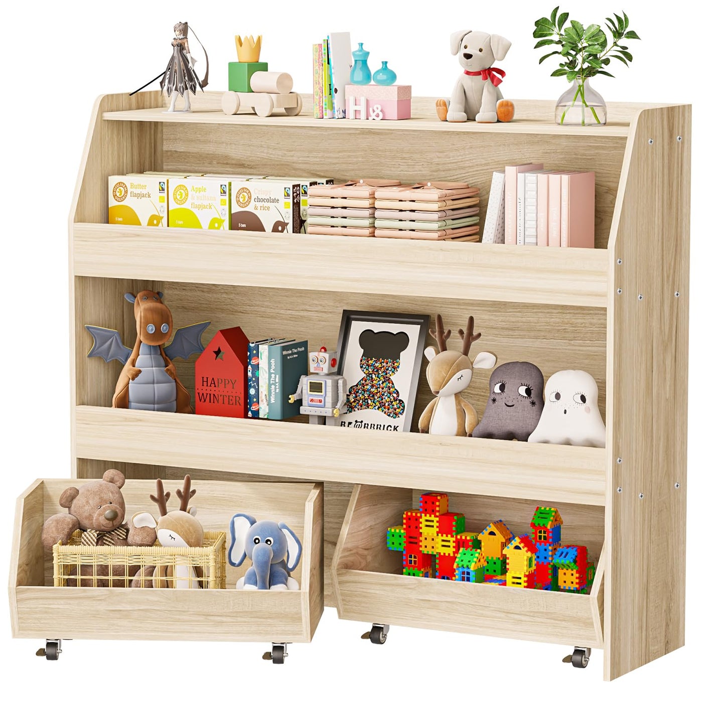 COZPAW Toy Storage Organizer, 3 Tier Montessori Shelf with Movable Bins (Wood)