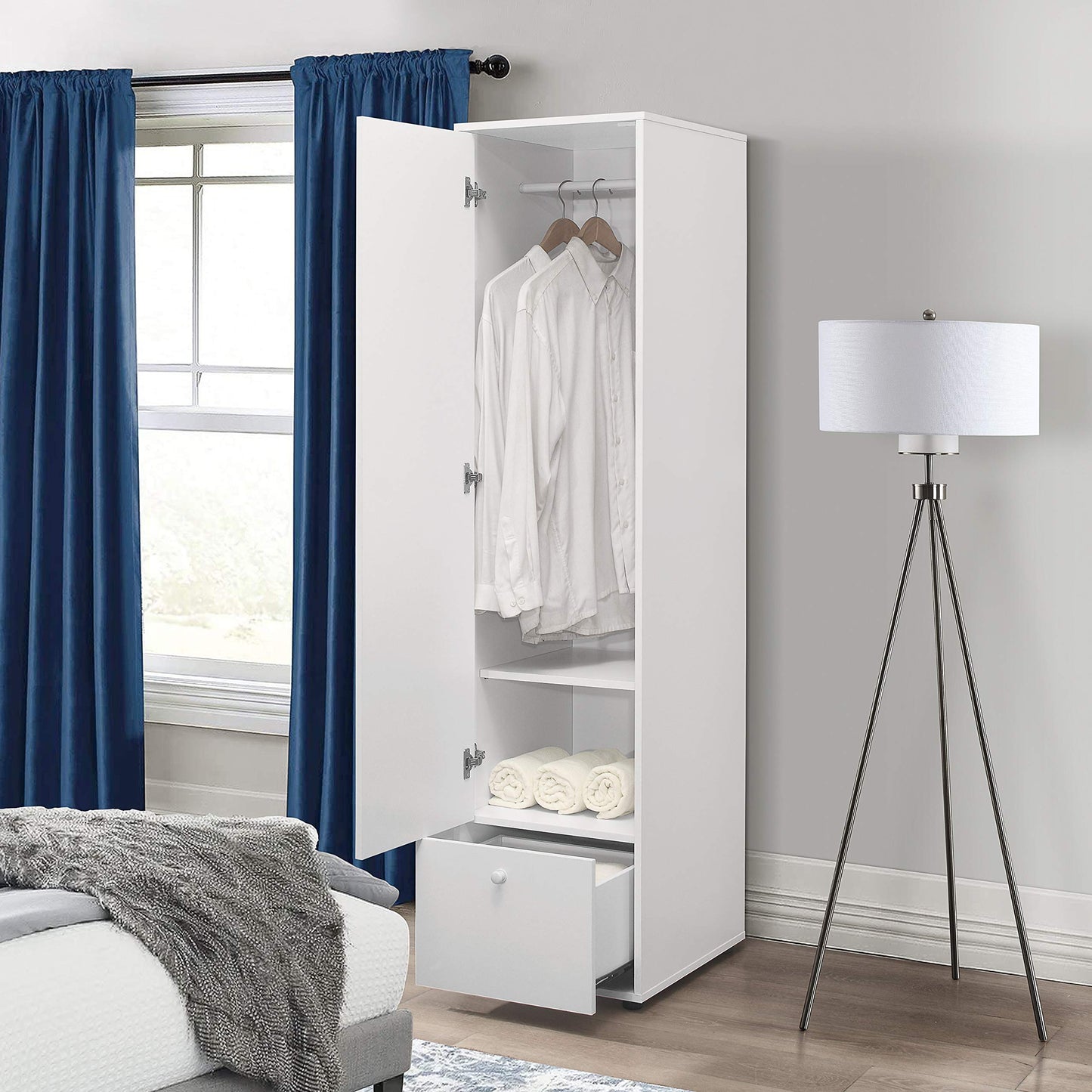 KB Designs Wardrobe Armoire Hanging Storage Closet with Garment Rod, Adjustable Shelf and Drawer, Compact Freestanding Bedroom Organizer Cabinet with Drawer Storage Unit, White