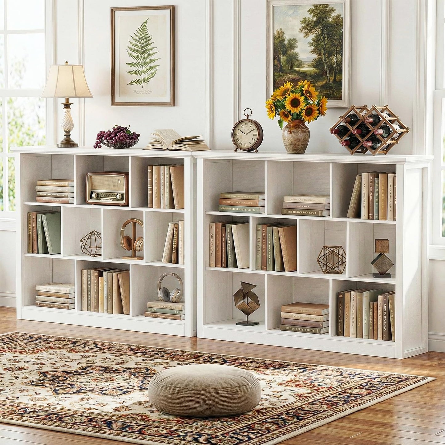 Unikito 7 Cube Storage Book Shelf - 50" Wide Wood Cube Storage Organizer, Wooden 2 Tiers Floor Standing Low Bookcase for Living Room, Bedroom, Home Office, Kids Room
