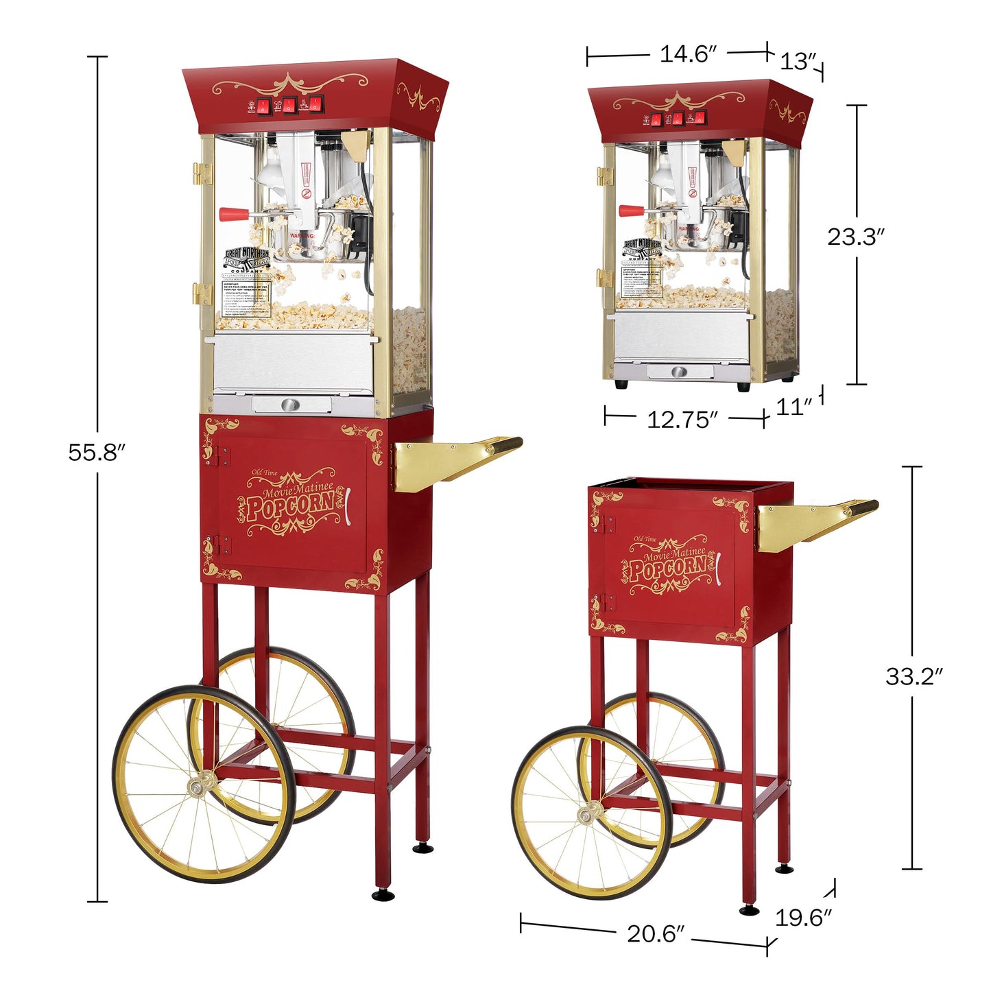Matinee Popcorn Machine and Cart – 3 Gallon Popcorn Popper, 8oz Kettle, Warmer, and 5 All-In-One Kernel Packs by Great Northern Popcorn (Red)