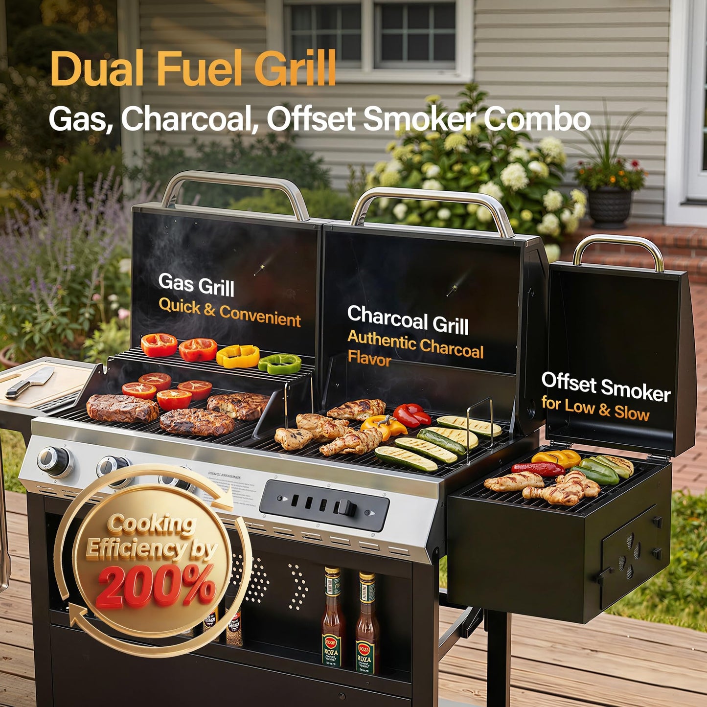 Sophia & William 3-Burner Gas and Charcoal Grill Combo with Offset Smoker - Dual Fuel BBQ Grill, 840 sq. in. Cooking Area, Heavy Duty Propane Barbecue for Outdoor Patio Cooking, Black