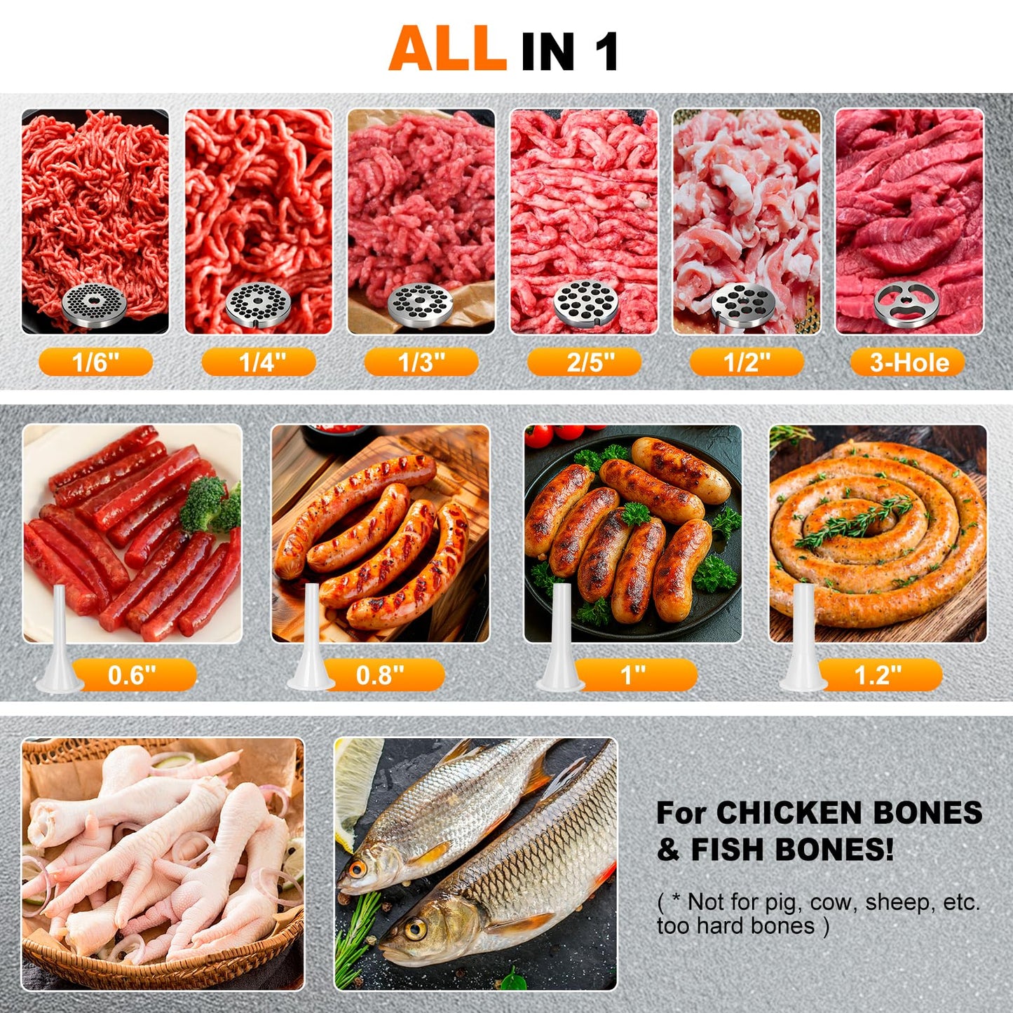 Anatole Commercial Electric Meat Grinder 1.8 HP 1300 W Heavy Duty Meat Bones Mincer Stainless Steel Sausage Stuffer with 6 Grinding Plate 4 Blades for Restaurant Hotel 110V