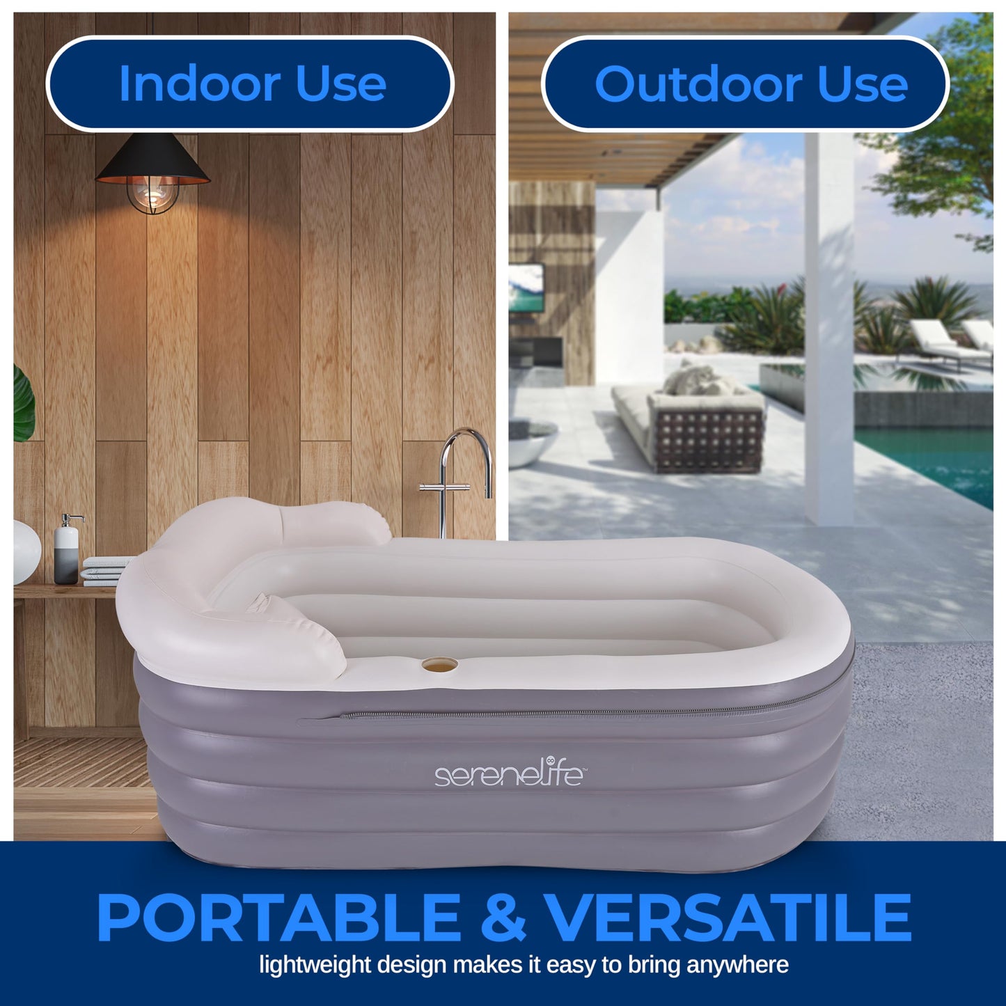 SereneLife Spa Bathtub with Bubble Massage Mat – Inflatable Bathtub with Pillow, Cup Holder, Remote Control for LED Lighting, Backrest and Armrests, Supporting Up To 190 lbs. 66" x 30" x 26"
