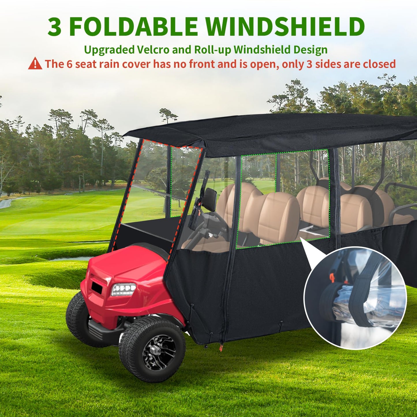 Tecoom Golf Cart Enclosure 4+2/6 Passenger, Golf Rain Cover 600D Waterproof Snowproof, 4 Door Zippers, 4-Side Clear Windows and 8 Windproof Hooks, Fit for EZGO, Yamaha, Club Car, Long Roof 144''L