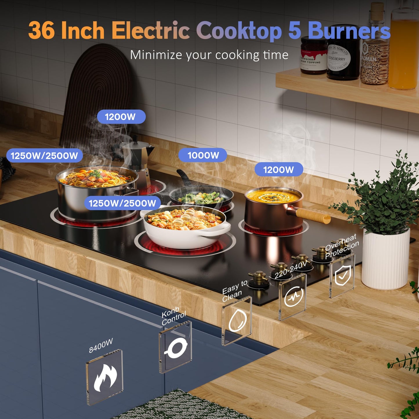 Jessier Electric Cooktop 36 Inch - Drop-in(34.25"x19.3") 5 Burner Electric Stove Top 8400W High Power, 36" Ceramic Cooktop Stove with Knob Touch, Dual Ring, Overheat Protection, 220-240V Hard Wired