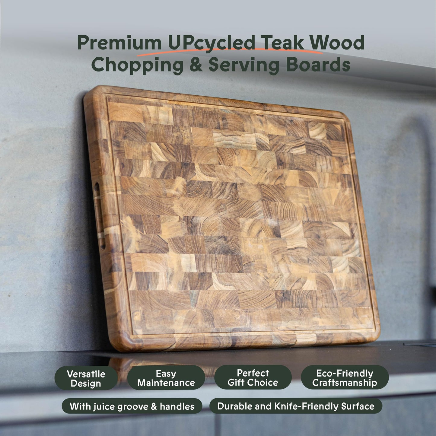 IWAS Upcycled Teak Wood Cutting Board With Juice Grooves and Handle | Extra Extra Large (20" x 15.5" x 1.5") | Sustainable & Environmentally Friendly Wooden Chopping Boards for Kitchen