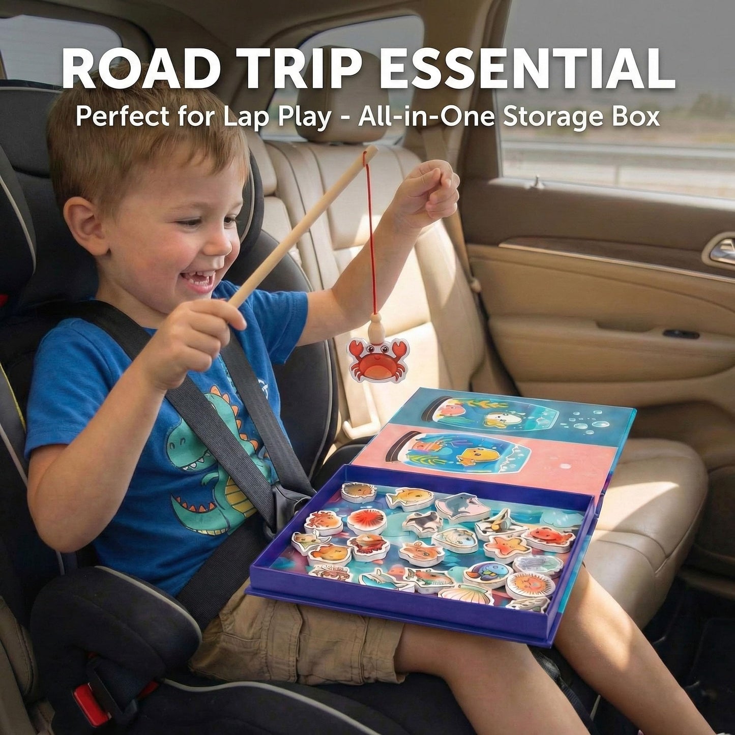 TRAVOFUN Magnetic Fishing Game Book - Travel Toys for Toddlers 3-5 - Car Road Trip Essentials & Airplane Activities for Kids - Montessori Learning Gift with 2 Poles & 27 Ocean Fish (Quiet & Portable)