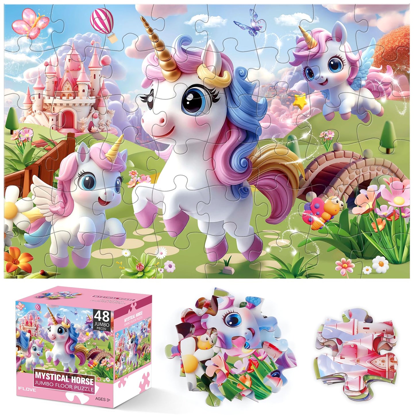 Jumbo Floor Puzzle for Kids,48 Piece Unicorn Large Jigsaw Puzzles,Puzzle for Toddler Ages 3-5,Fun Educational Preschool Learning Toy Easter Gift for Boys & Girls Ages 4-8