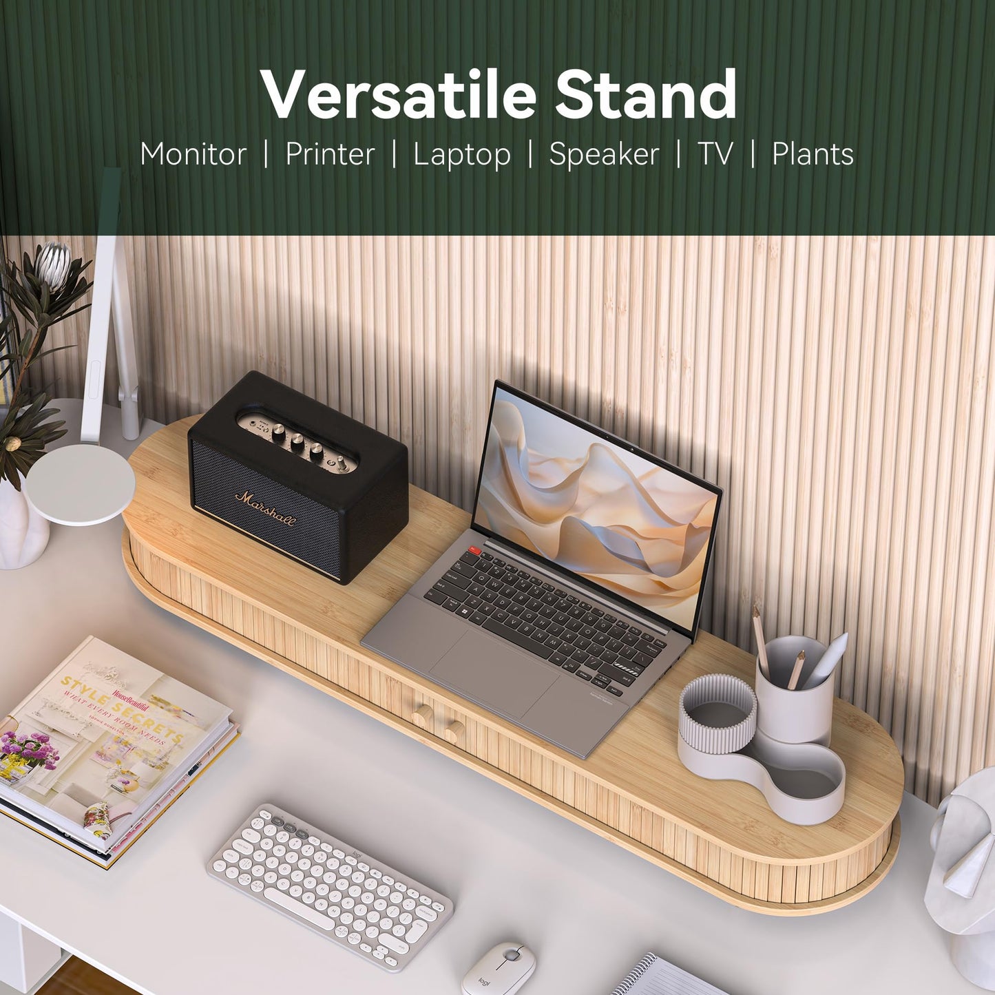 WELL WENG Bamboo Dual Monitor Stand with Storage, Curved Double Computer Laptop Stand Desk Shelf Organizer with Sliding Doors (42 inch)