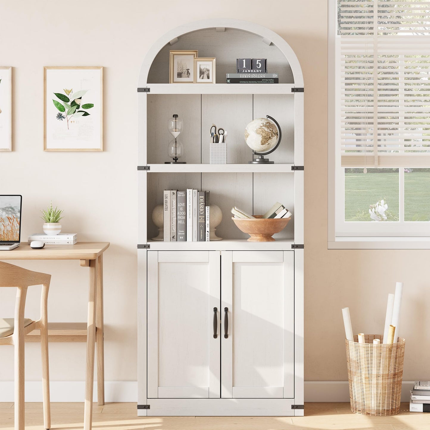 GarveeHome Bookcase with Doors Arched Bookshelf 71.65 in Tall Bookcase Farmhouse Cabinet with Shelves Wooden Bookshelves for Home Office, Living Room