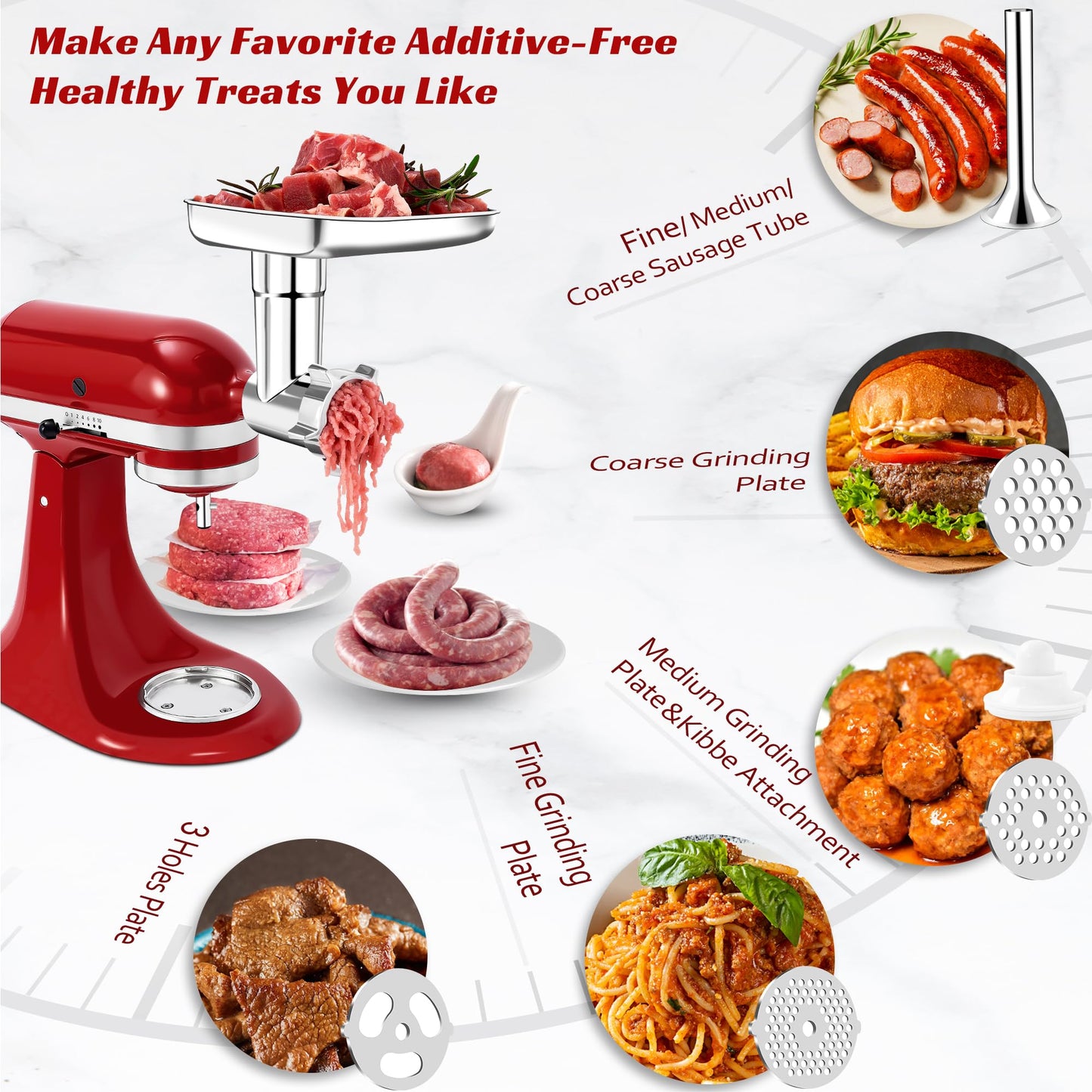 100% Polished Stainless Steel Meat Grinder Attachment for KitchenAid Mixer, Dishwasher Safe, Uncoated Meat Grinder Attachment Anti-Oxidation, Seamless Sausage Stuffer, Thickening Grinding Plate, 18PCS