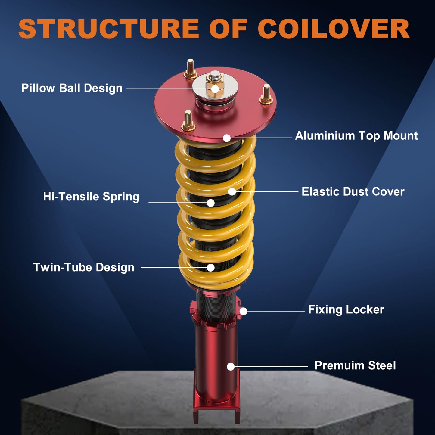 KUIPERAUTO Coilovers Lowering Struts Compatible for 2006-2010 Dodge Charger SRT-8 Front & Rear Shocks Adjustable Height Suspension Coil Spring Strut (RWD Only)(Set of 4)(Yellow)