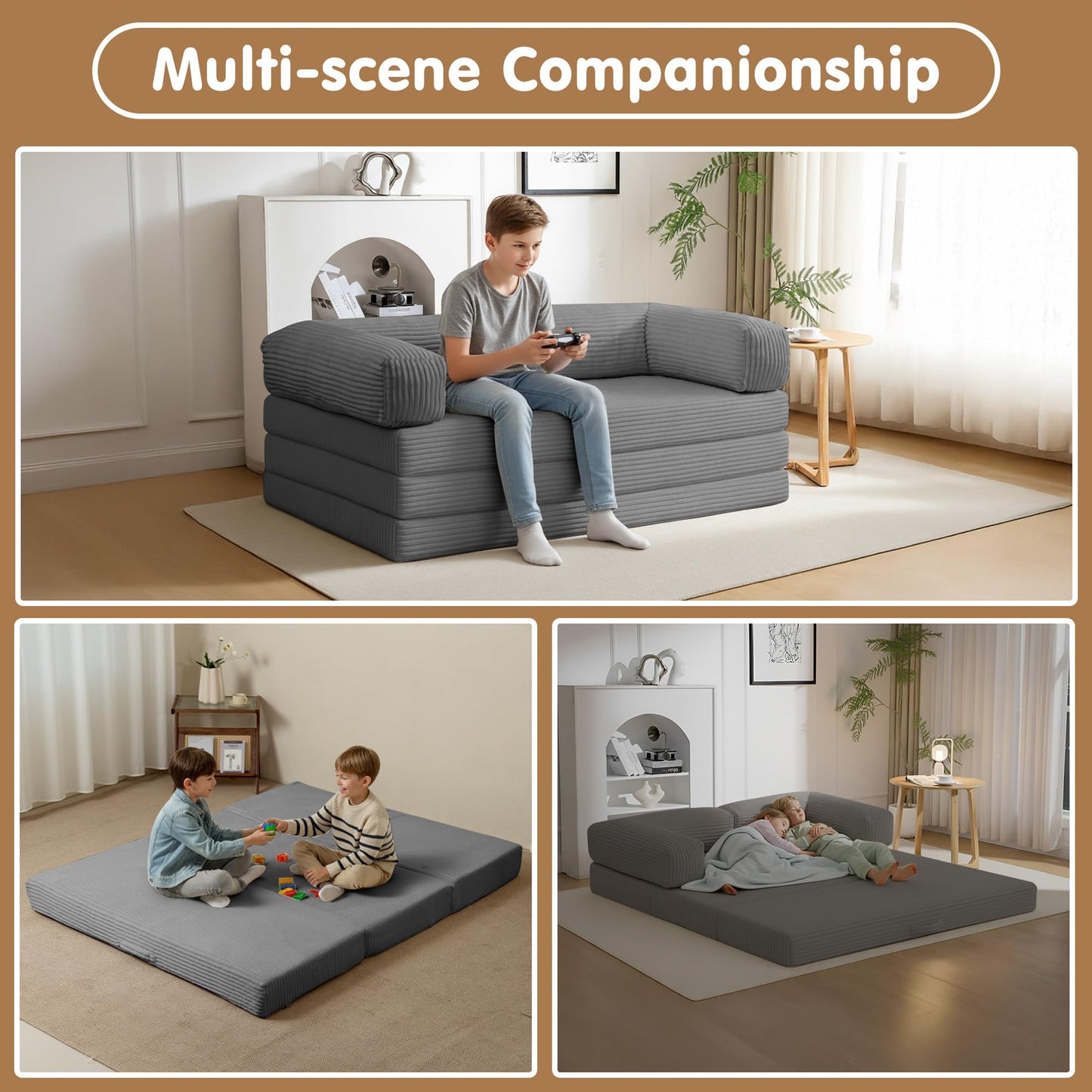 NLDD Convertible Sofa Bed,5-in-1 Tri-Fold Boneless Couch with Removable Armrests & Handle,Corduroy Futon Sleeper Sofa,Floor Folding Mattress Pull Out Bed for Small Space Apartment Living Room Bedroom