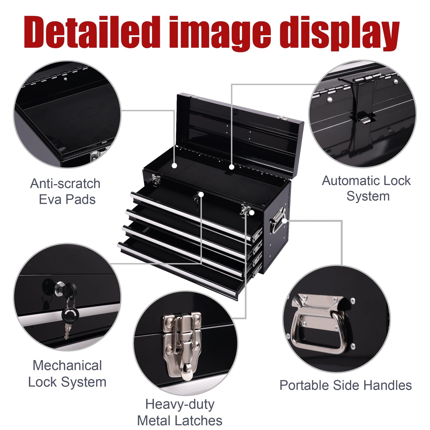Heavy Duty 21 Inches Metal Tool Box with 4 Drawers - Portable Locking Tool Chest with Ball Bearing Slides, Powder Coated Steel & EVA Liners - Multi-Function Garage & Workshop Organizer (Black)