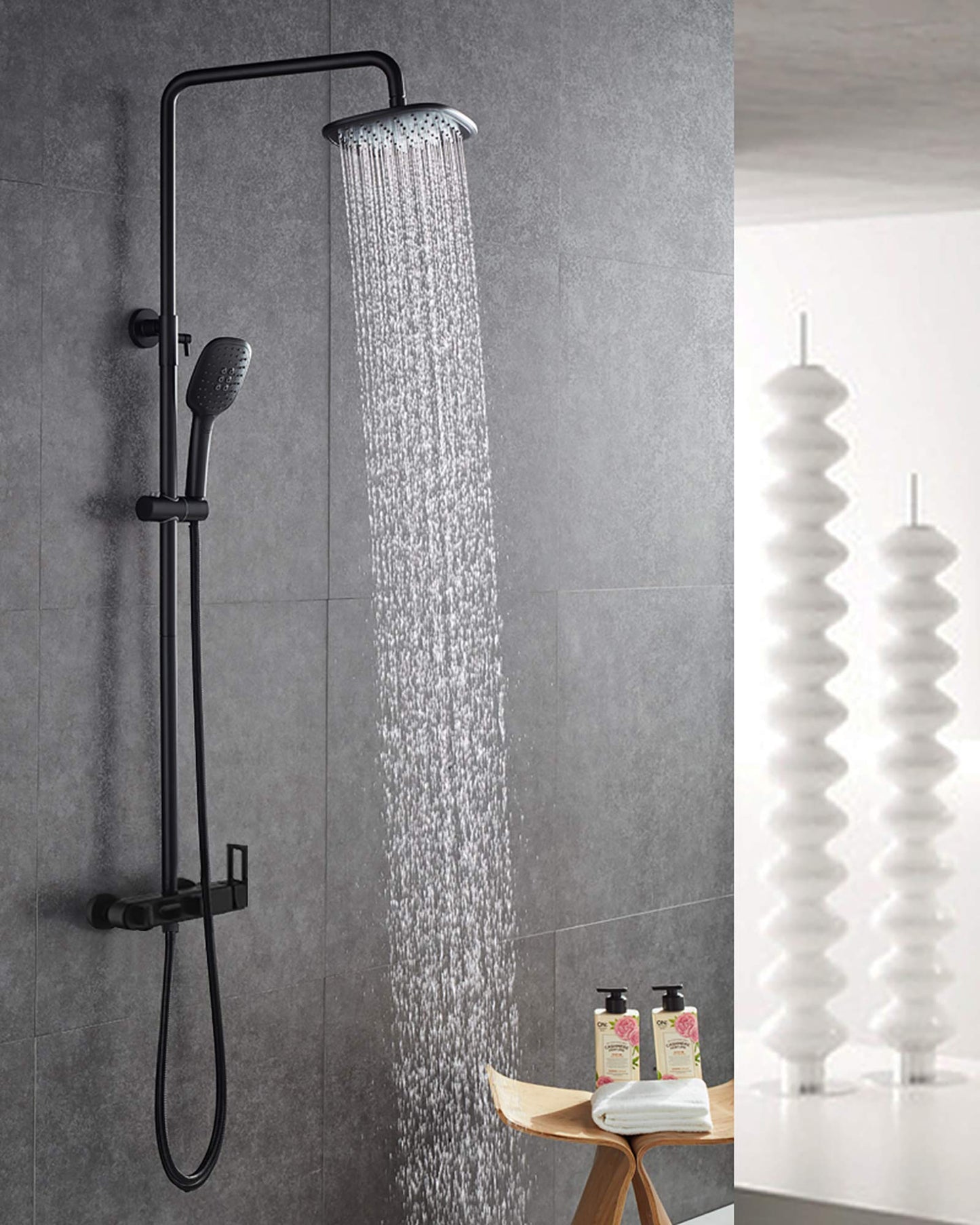 PHASAT Shower Fixtures Brass 3 Function Bathtub Faucet Set Wall Mounted Exposed Shower System,Matte Black,CT8525