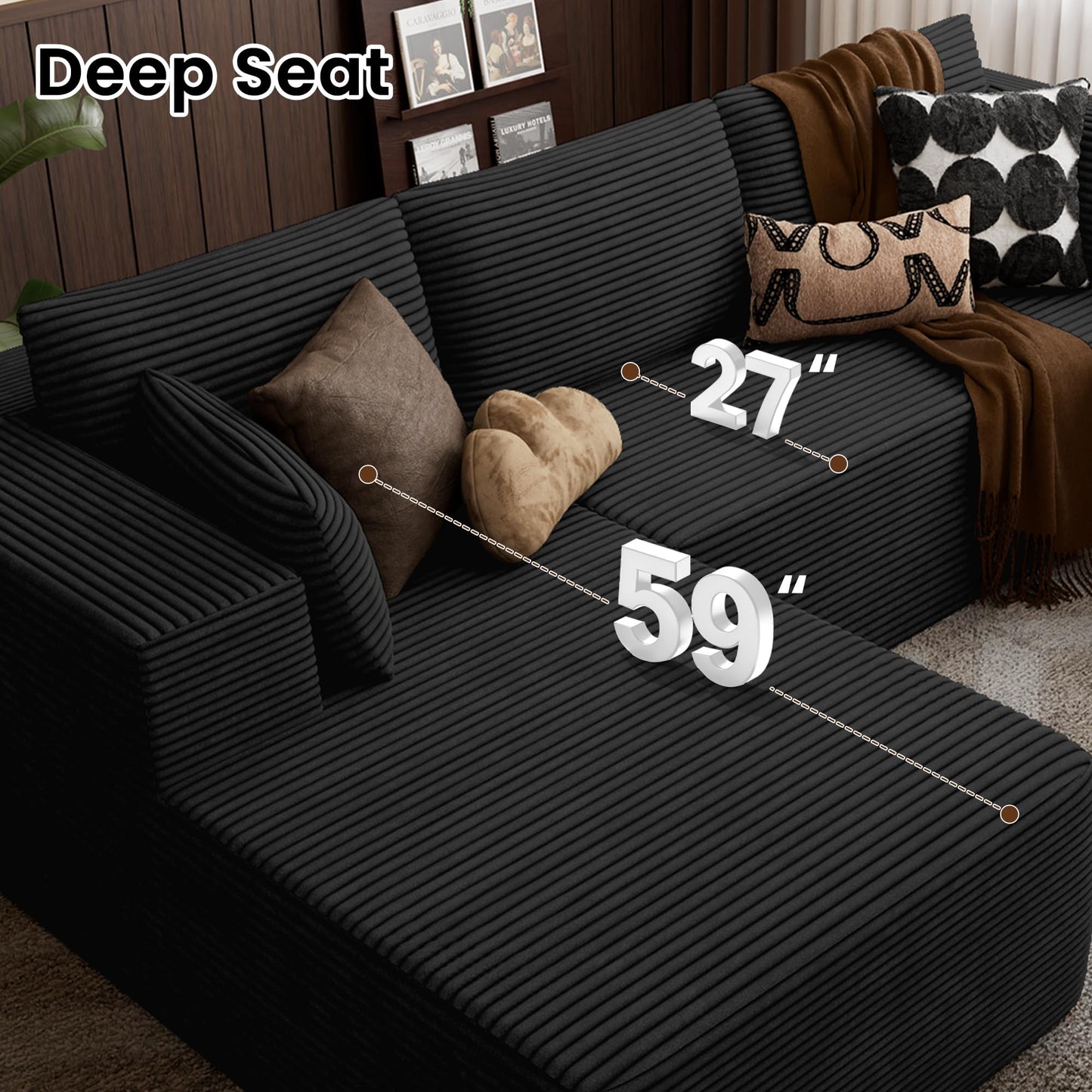 106" Cloud Sectional Boneless Couches for Living Room, Modular U Shaped Couch with Deep Seat, Removable Ottoman, Memory Foam Compressed Spineless 4 Seater Sofa for Bedroom Apartment, Black