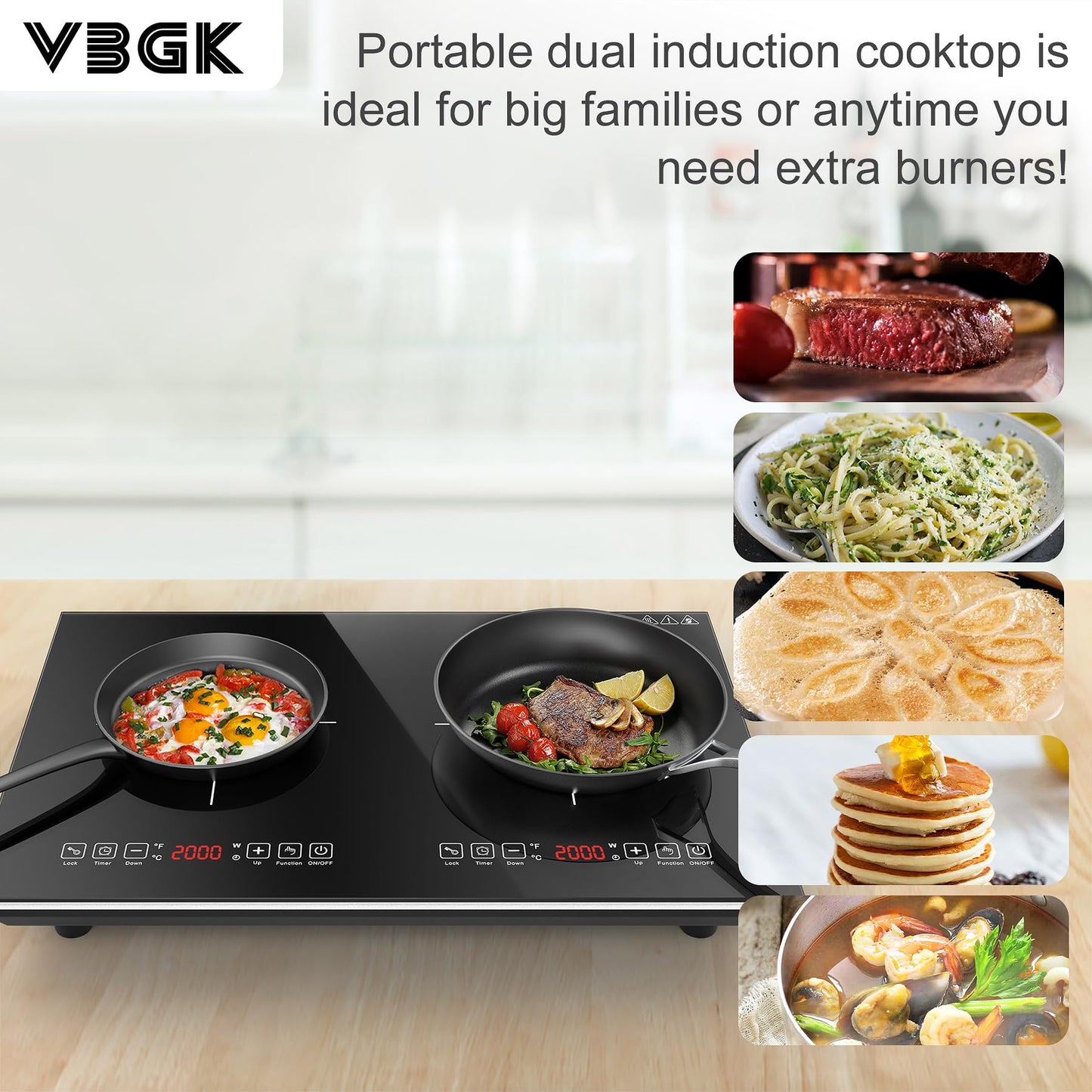 VBGK Double Induction Cooktop,110V 4000W Electric burner,2 burner Hot Plate LED Sensor Touch Energy-Saving induction stove top with Child Safety Lock & Timer 2 burner induction cooktop