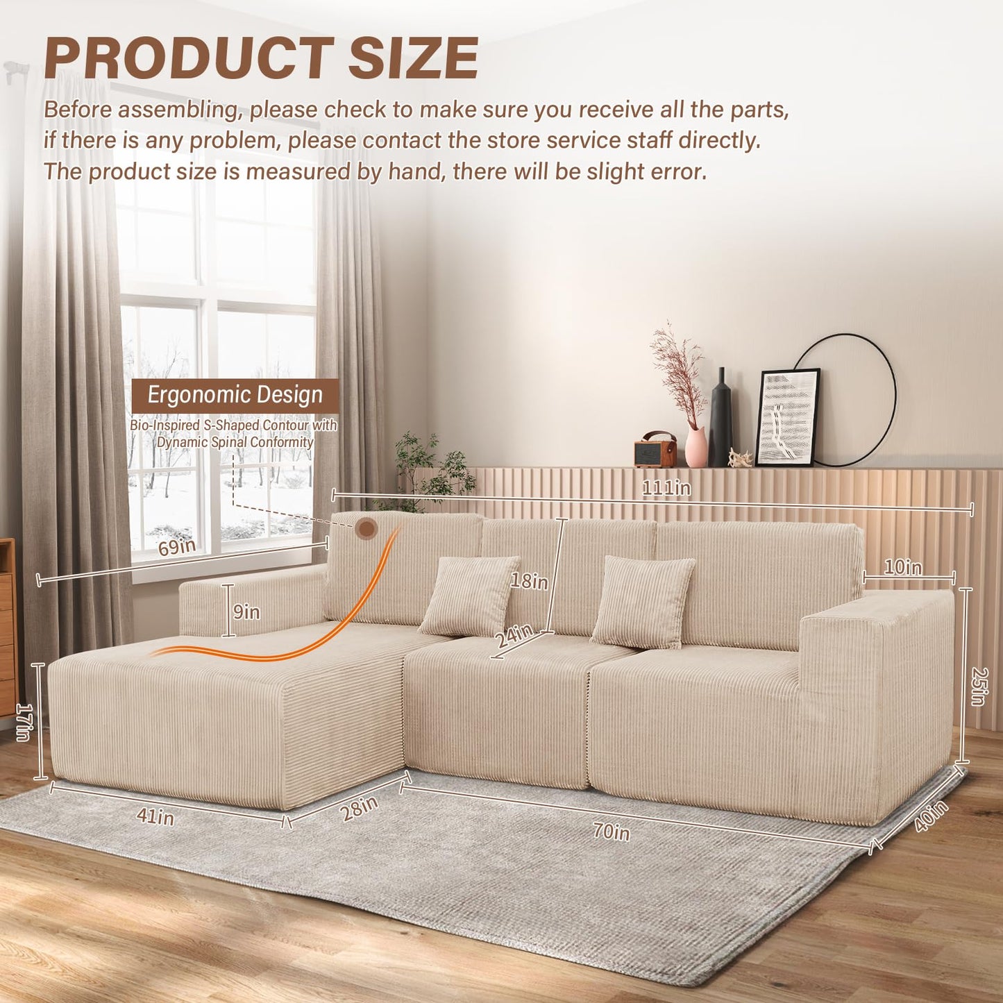 Boneless Couches for Living Room L-Shape Chaise Cloud Couch Modular Sectional 3 Pieces Deep Seat 111" Compressed Couches for Living Room Bedroom with Plush Corduroy Fabric No Assembly Required, Khaki