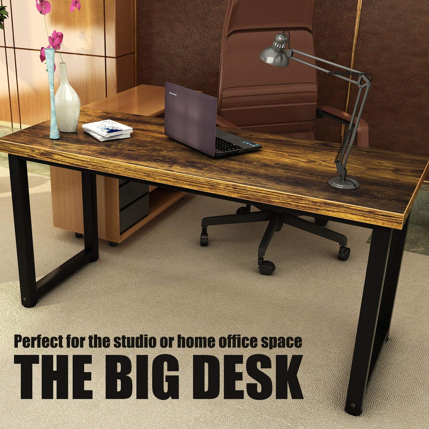 TOPSKY Computer Desk 59 inch Large Office Desk, Gaming Desk Writing Desk, Large Legroom, Metal Frame, 1.88" Thickness Desktop (Rustic Brown)