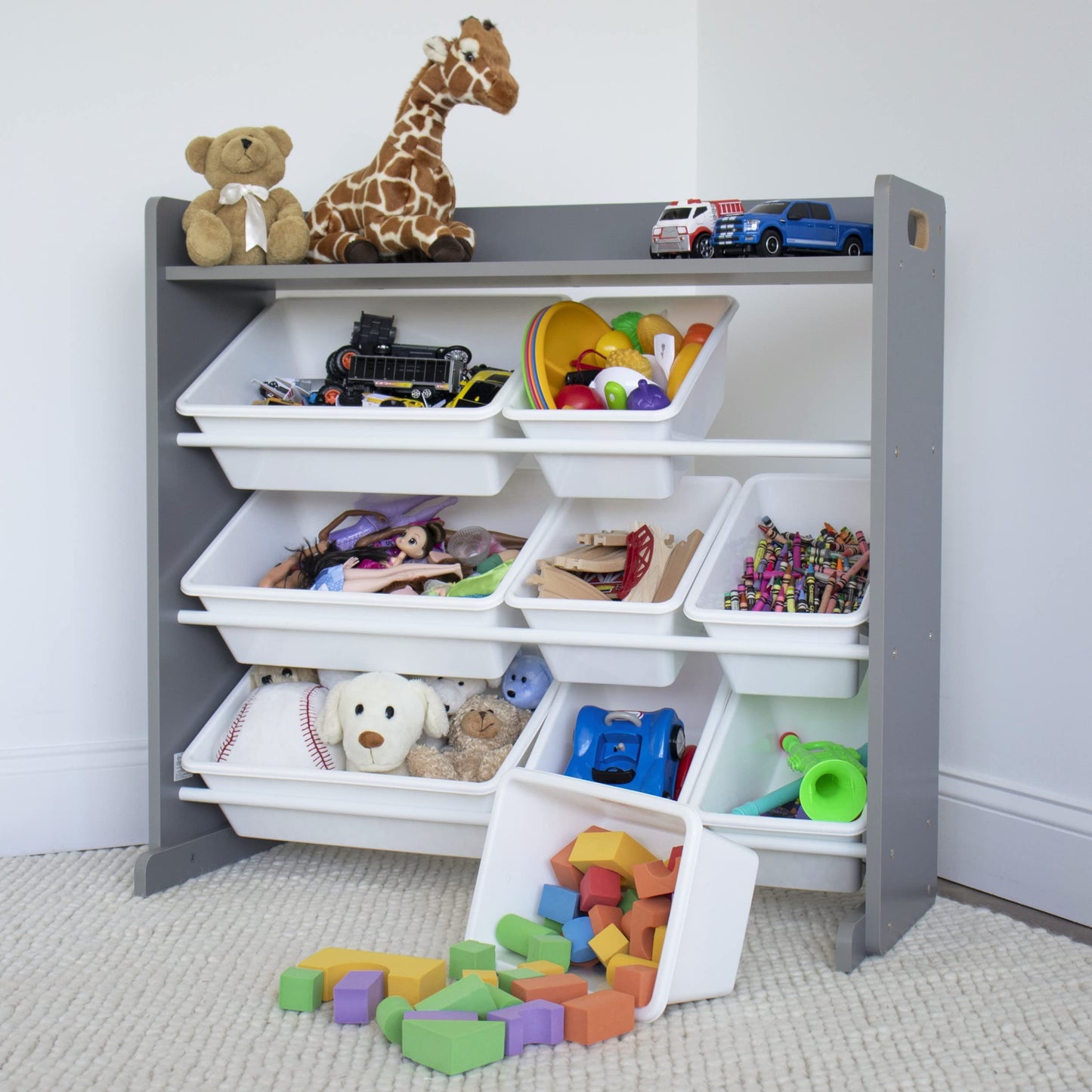 Humble Crew Toy Storage Organizer with Top Shelf and 9 Removable Bins, Grey/White – Toddler Bookshelf with Toy Organizer - Modern Toy Rack Ideal for Kids' Rooms, Playrooms, and Nurseries
