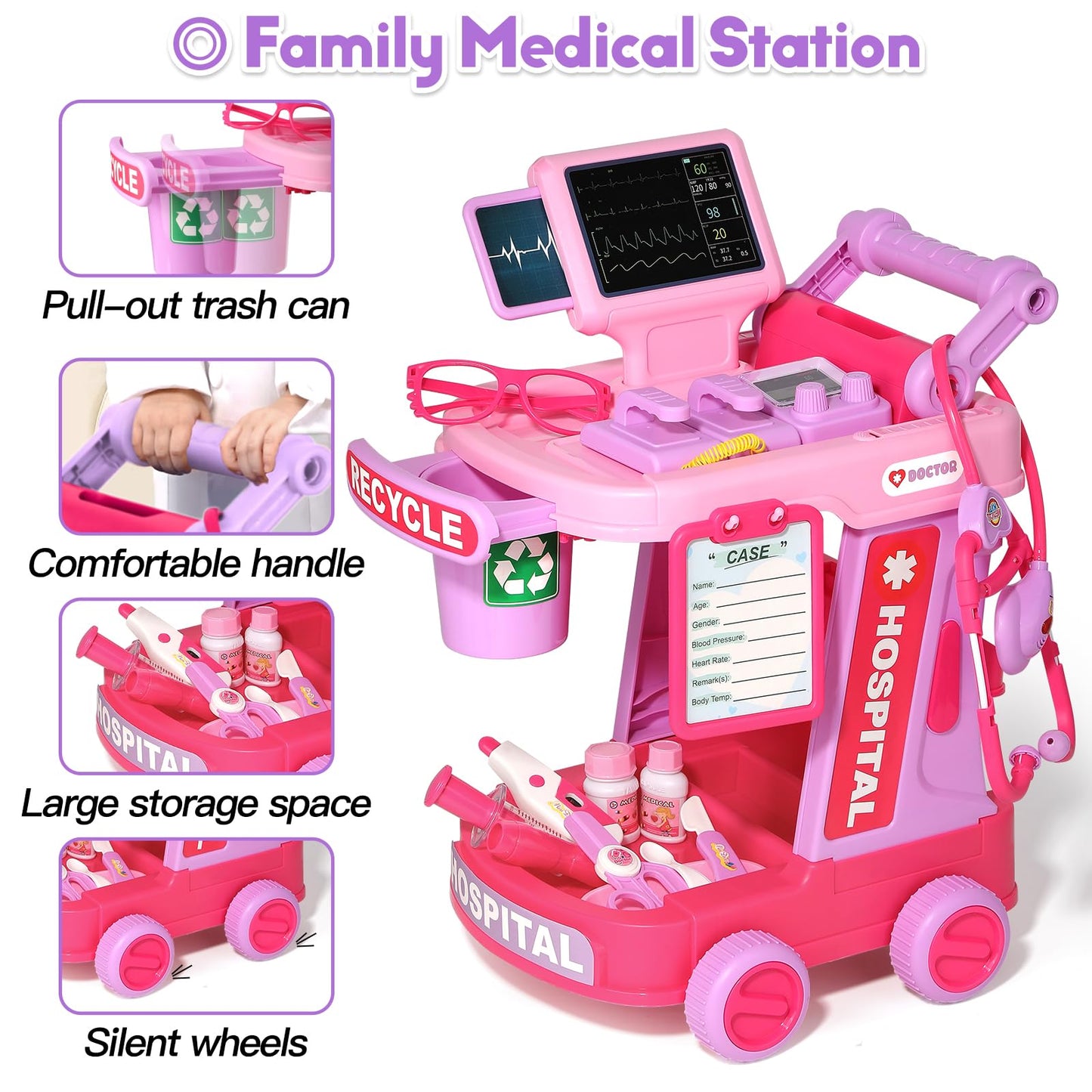 Phobby Doctor Kit for Toddlers Aged 3 4 5, Medical Pretend Play Set for Kids with Bag and Costume, Doctor Cart Toy for Girls Boys Birthday Gift (Pink)