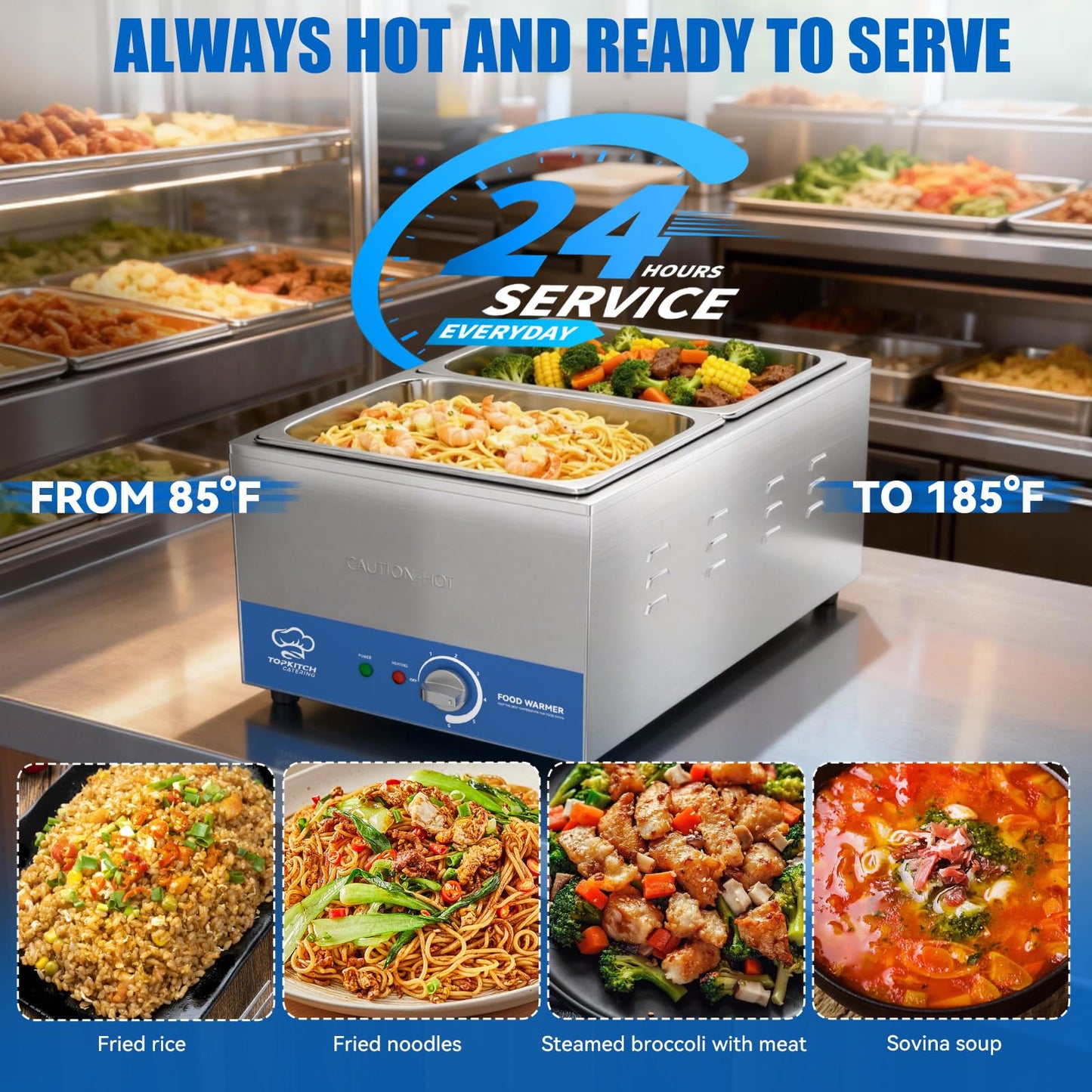 TOPKITCH 2-Pan Commercial Food Warmer with Non-Leakage Stretch-Forming Water Tank &2 of 1/2 Size GN Pan,18L Countertop Steam Table Soup Station Bain Marie for Buffet,Catering,Parties and Restaurants