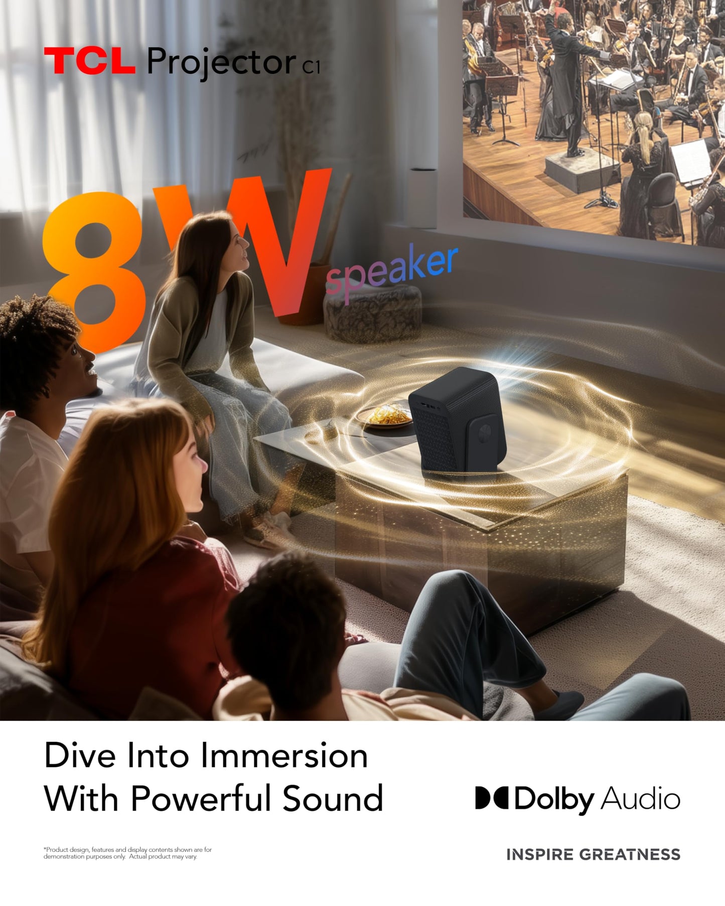 TCL C1 Smart Projector 4K Support, Google TV & Netflix Officially Licensed, WIFI and Bluetooth, Auto Focus Keystone, Native 1080p, Dolby Audio, 285° Portable Mini Projector for Home Theater