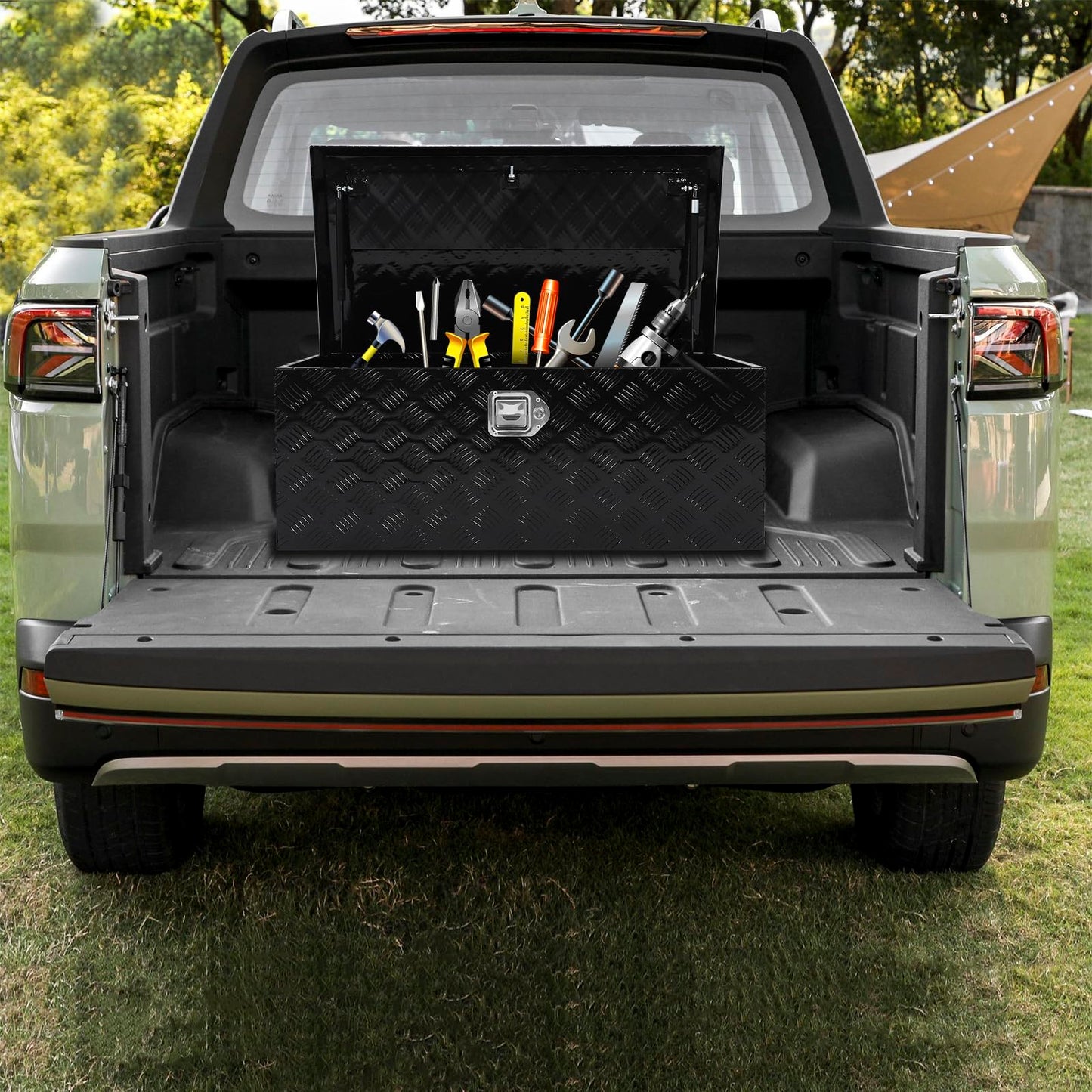 confote 35 Inch Aluminum Stripes Plated Tool Box Pick Up Truck Bed RV Trailer Toolbox Waterproof Square Storage Organizer with Lock and Keys - Black