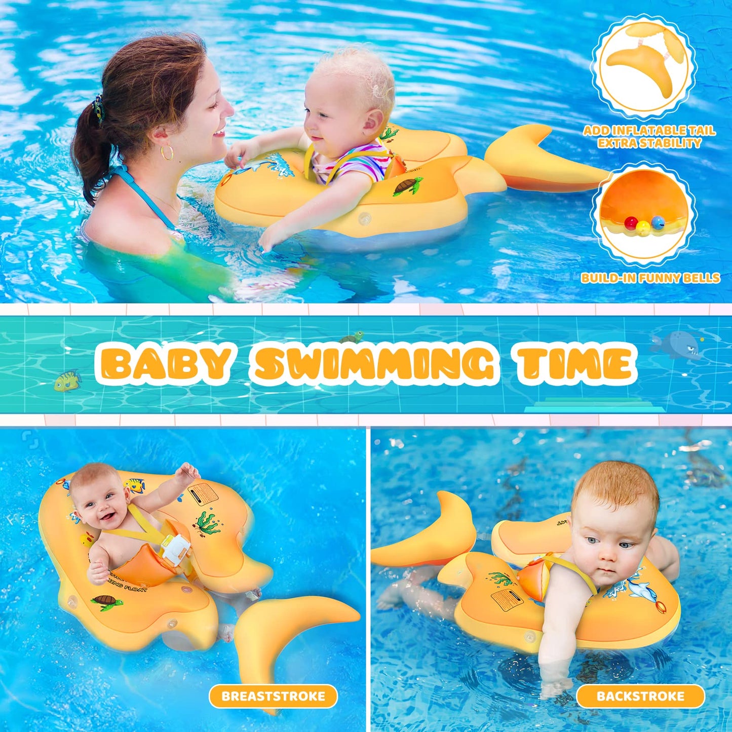 No Flip Over Baby Pool Float with Canopy UPF50+ Sun Protection, Sponge Safety Support Bottom, Fun Gifts Water Toys Accessories Inflatable Baby Swim Floats for Pool 3-36 Months