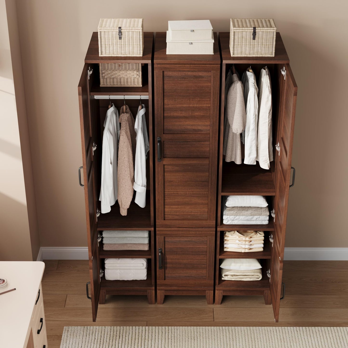 GarveeHome Armoire Wardrobe Closet with 2 Doors, Wooden Wardrobe Cabinet with Hanging Rod, 72 in Narrow Tall Clothing Armoire Cabinet with 18 Adjustable Shelves for Clothes, Bedroom, Walnut