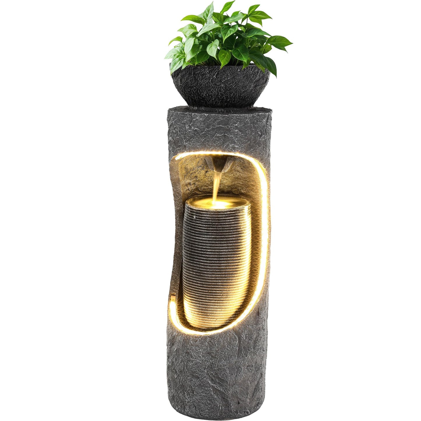 Ultym 40" Tall Outdoor Water Fountain, Dual-Layer Column Garden Fountain with Bird Feeder, Resin Soothing Cascading Waterfall Foutain for Patio, Backyard, Garden or Porch Decor
