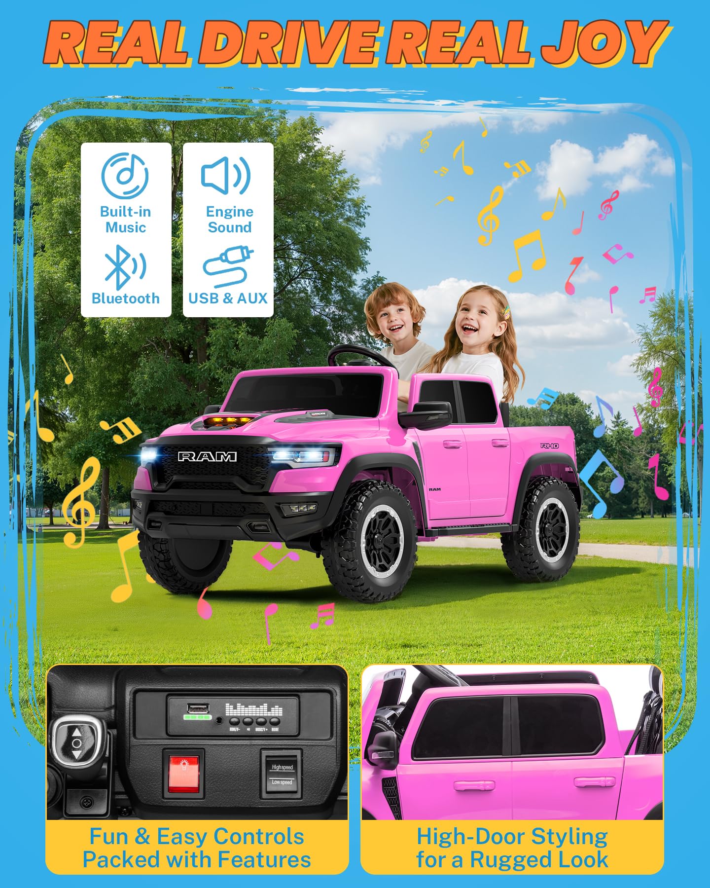 ENYOPRO 24 Volt Ride on Toys for Girls, Licensed RAM 1500 RHO 2 Seater Electric Car w/Remote Control, Kids Electric Vehicles w/Working Truck Tailgate, Suspension, Music, LED Lights (Pink - High Door)