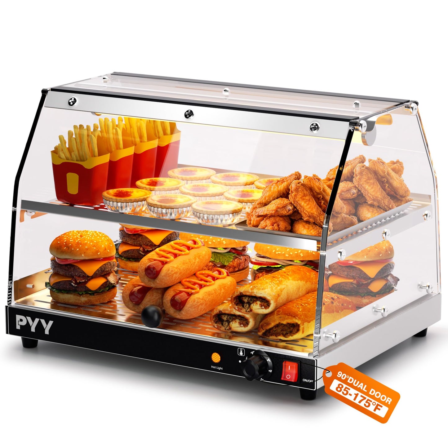 PYY Commercial Food Warmer Display, 2-Tier Electric Countertop Food Warmer with LED Lighting Adjustable Glass Door, Pastry Display Case for Buffet Restaurant