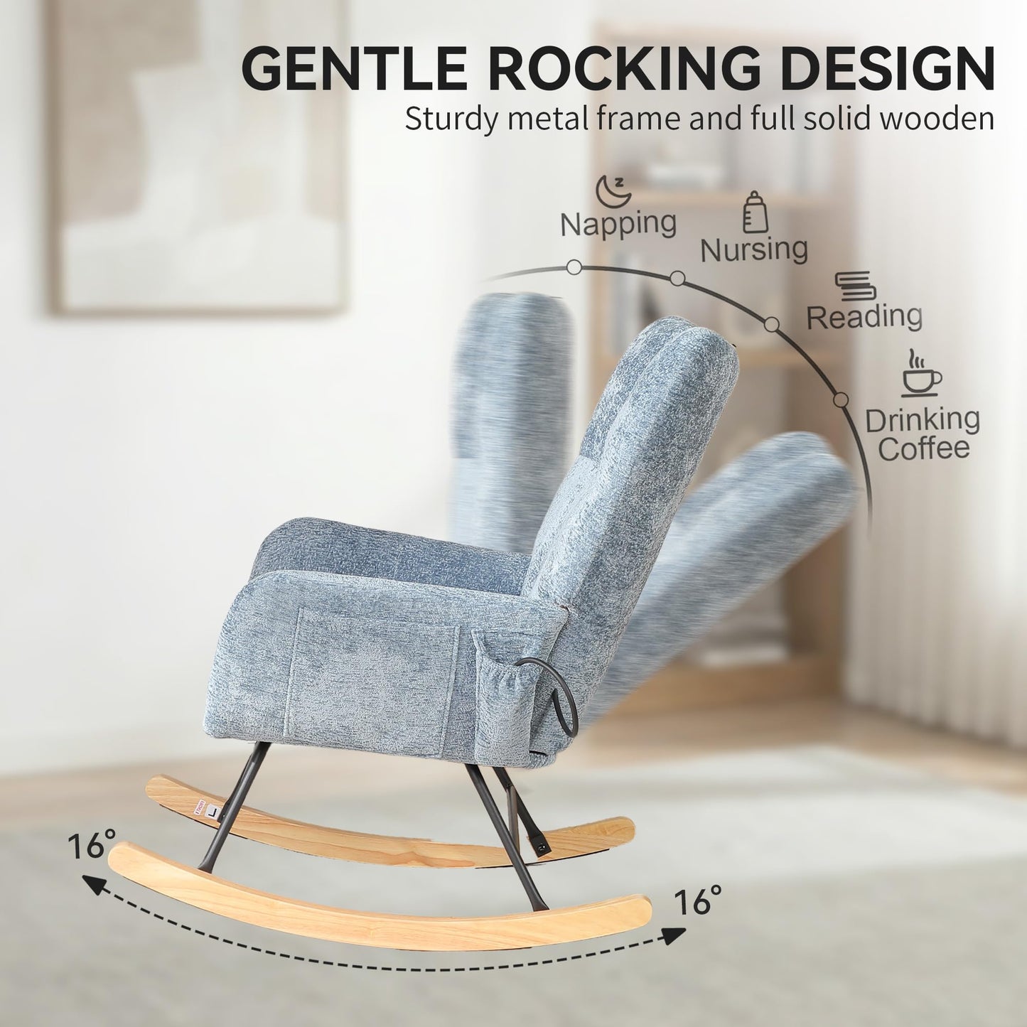 ETCZOYE Rocking Chair with Airbag, Comfy Modern Reading & Nursing Nursery Rocking Chair Indoor, Cozy Upholstered Glider Rocker Chairs for Living Room Bedroom Offices, (Chenille, Blue)