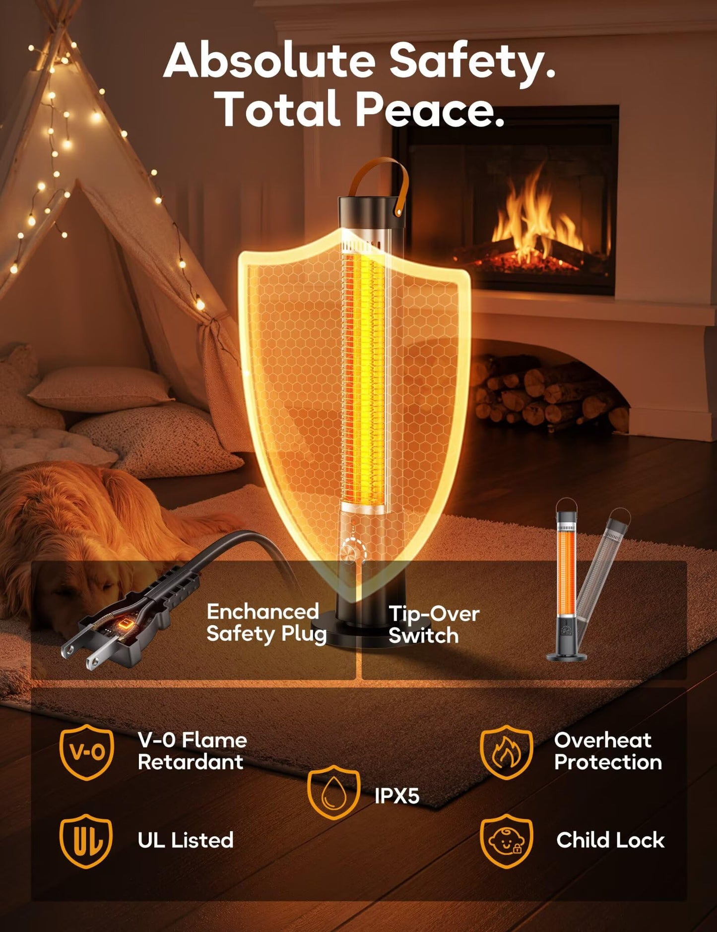 Outdoor Heater for Patio, 32" Infrared Electric Heaters Indoor w/Remote, 1500W, 60° Oscillation, 9H Timer, 9 Heat Level, Tip-Over/Overheating Protection, Safety Lock, for Garage Porch Office Inky