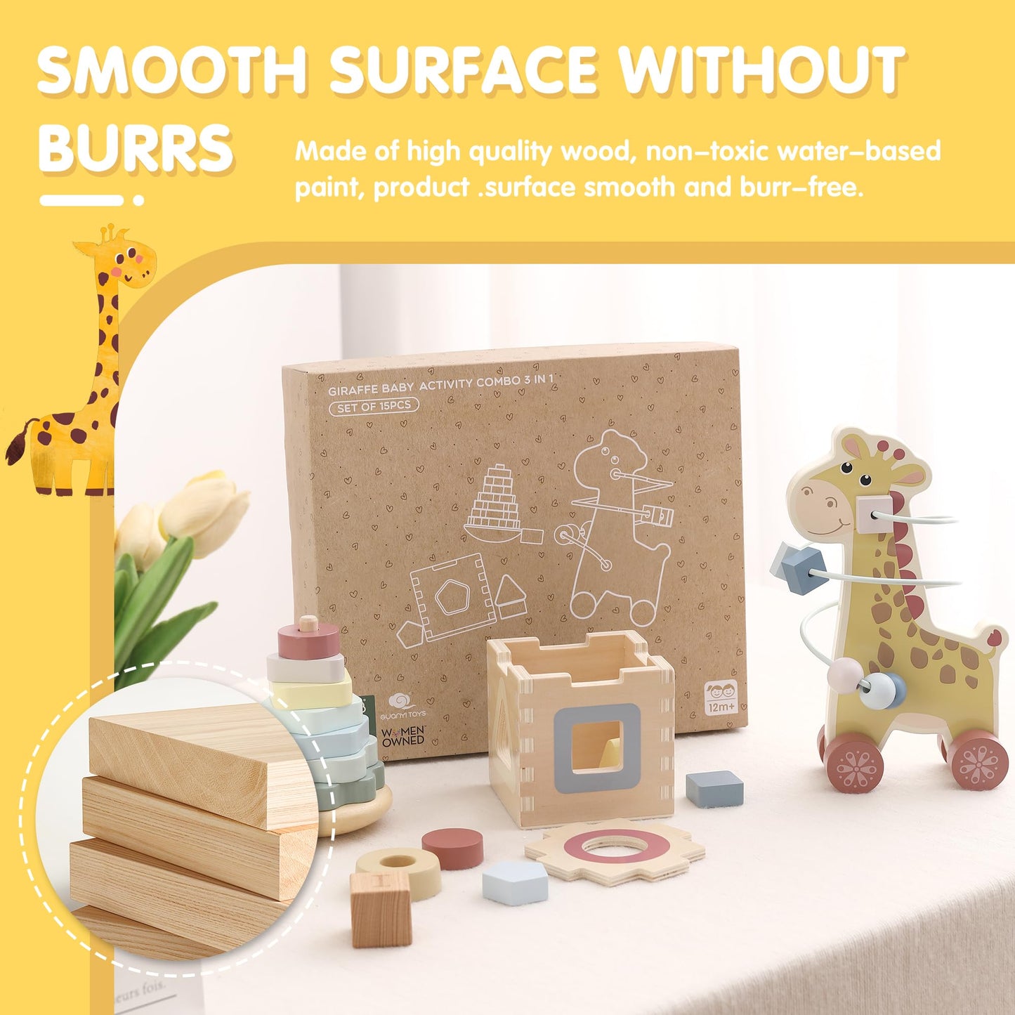 FReniland Montessori Toys for 1 Year Old，3-in-1 Wooden Baby Toys，Wooden Stacking Toy，Toddler Shape Sorting Cube, Giraffe Ring Toy,Newborn Baby Gift Sets for Boys and Girls