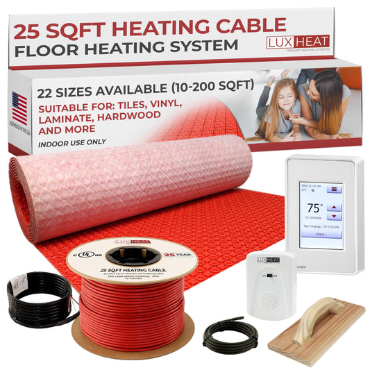 LuxHeat 25sqft Electric Radiant Floor Heating System - 120v Under Floor Heating System Includes UDG4 Programmable Thermostat w/GFCI, Heater Cable, Tile Uncoupling Membrane, Flooring Sensor & Alarm