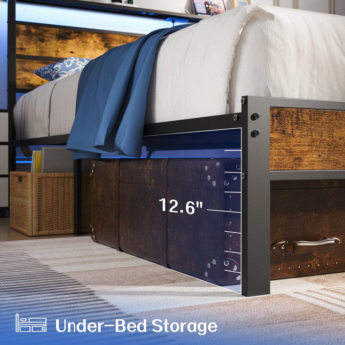 Liians Queen Size Bed Frame, Queen Bed with Charging Station Headboard and LED Lights, Platform Bed with Metal Slats, No Box Spring Needed