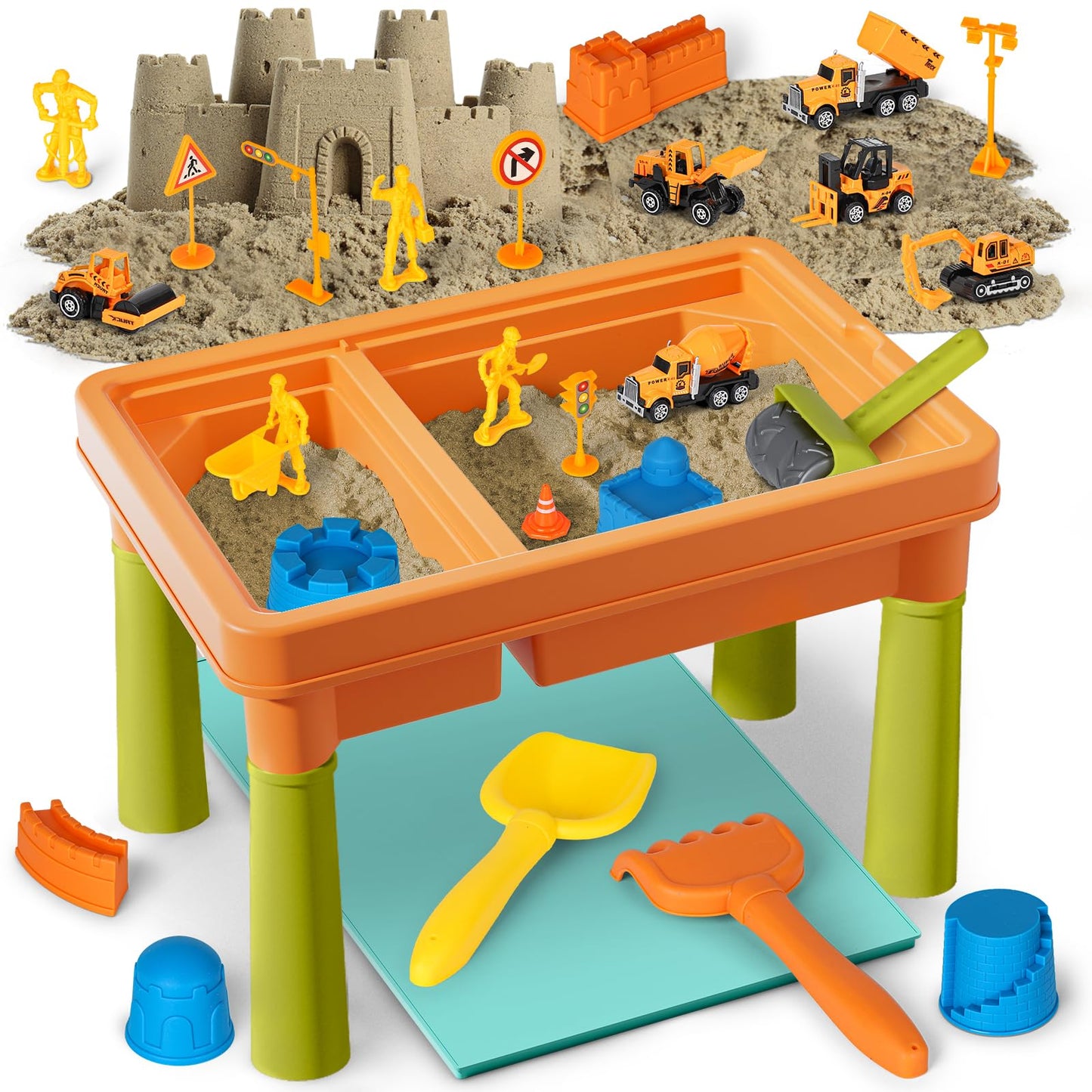 Lehoo Castle Sensory Table with Sensory Sand, Indoor Sensory Bin with Lid & 2.6lbs Play Sand, Construction Kit with 6 Alloy Trucks & Castle Molds, Sensory Toys for Toddler Boys and Girls